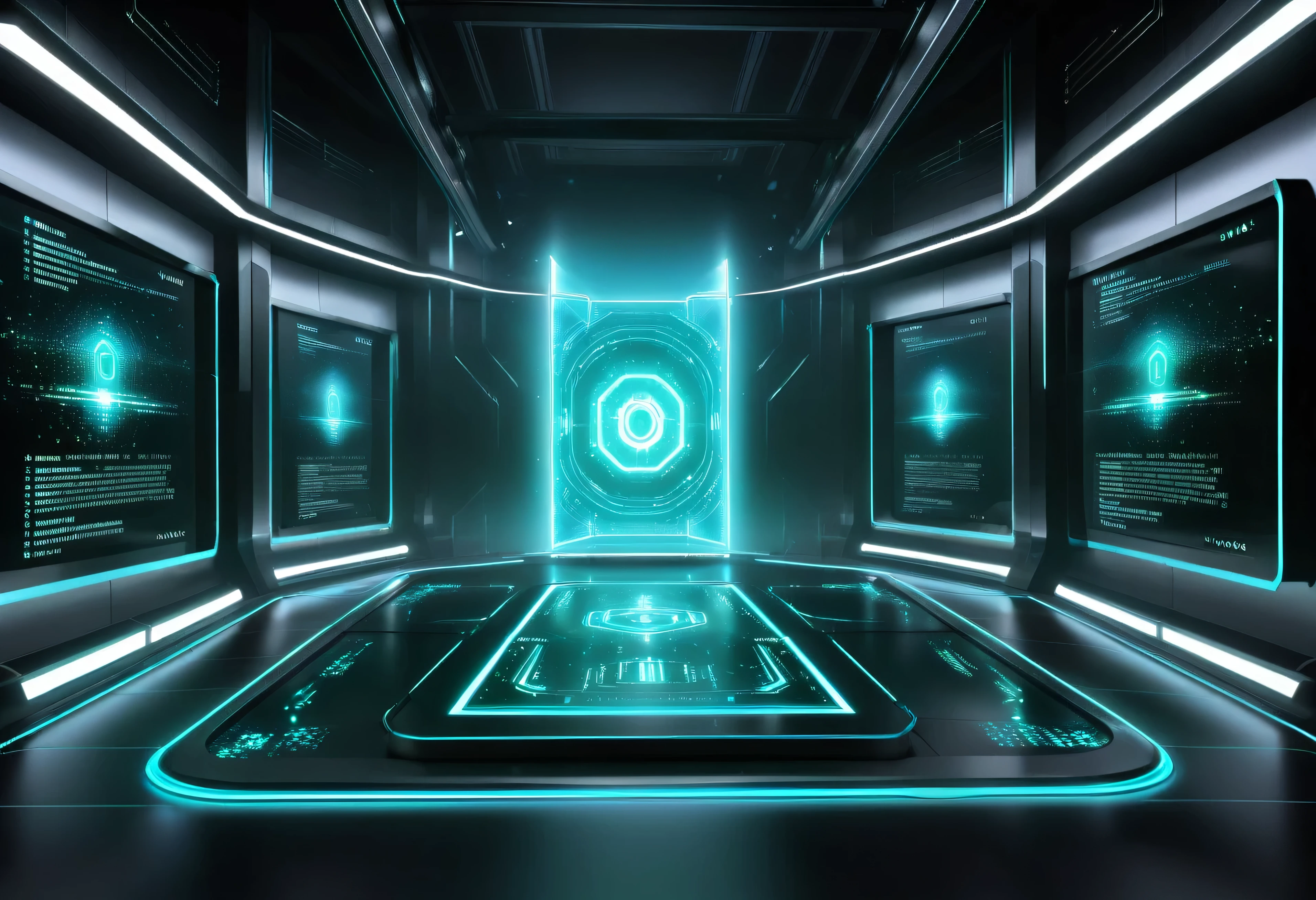 A realistic holographic screen floating in mid-air, displaying streams of binary data and futuristic icons. The screen emits a soft blue and green glow, casting subtle light onto the surrounding space, with transparent, sleek edges and intricate digital details. The design exudes a high-tech, advanced feel, giving a sophisticated, futuristic ambiance. No human figures or parts are visible, and the scene focuses solely on the holographic screen against a dark, minimalistic background.