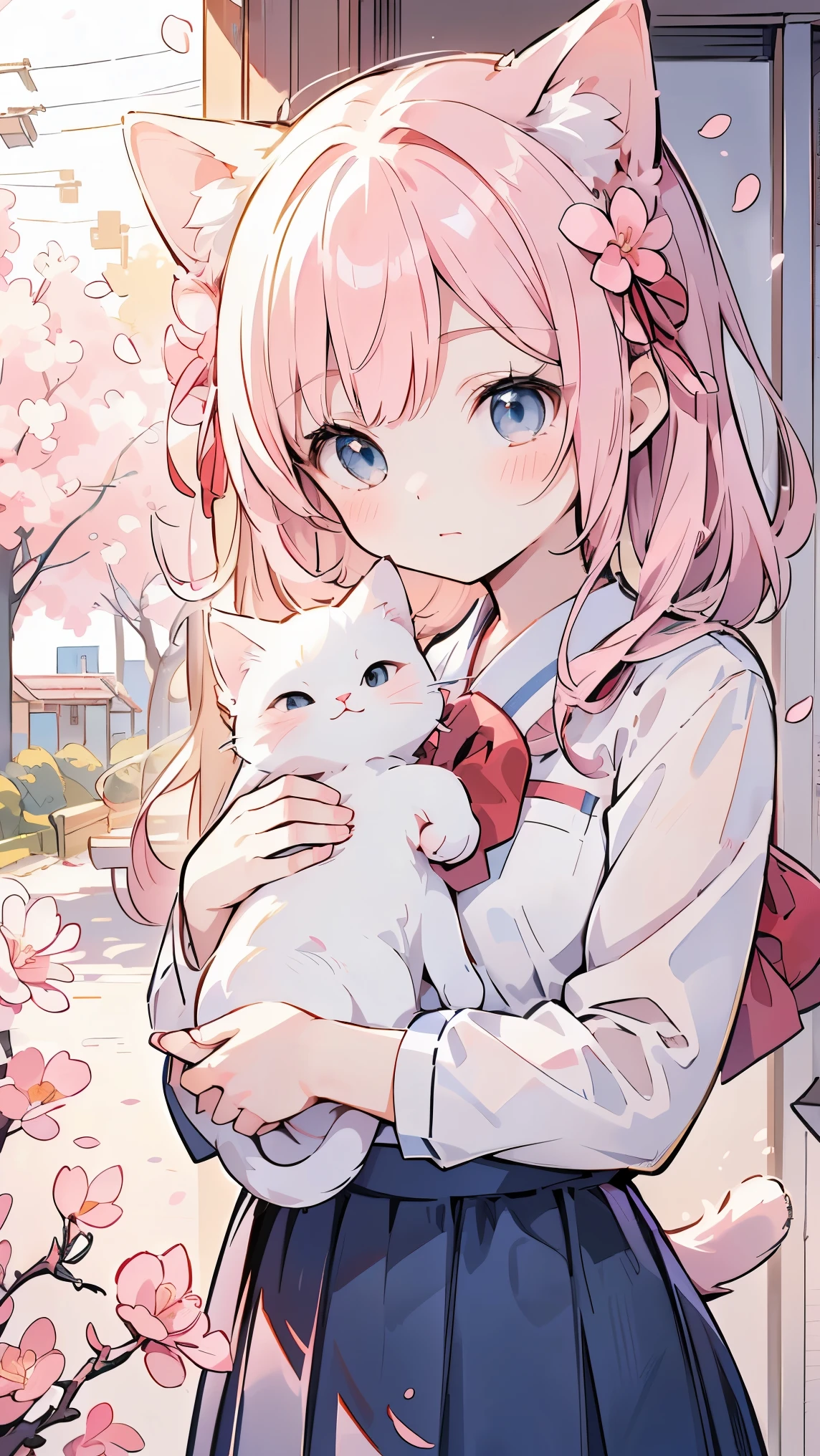 (((Best quality, 8k, Masterpiece: 1.3)), ((best quality)), ((masterpiece)), (detailed), perfect face, A Japanese high school girl gently cradles a small cat in her arms, standing outdoors under soft sunlight. She is wearing a traditional Japanese school uniform with a navy blue blazer, white blouse, and pleated skirt, complete with a red ribbon tie. Her expression is warm and caring as she looks down at the cat, a tabby with bright eyes nestled comfortably in her embrace. Around her are cherry blossom trees in full bloom, with pink petals softly falling. The scene is calm and heartwarming, capturing a peaceful moment of companionship between the girl and her cat.