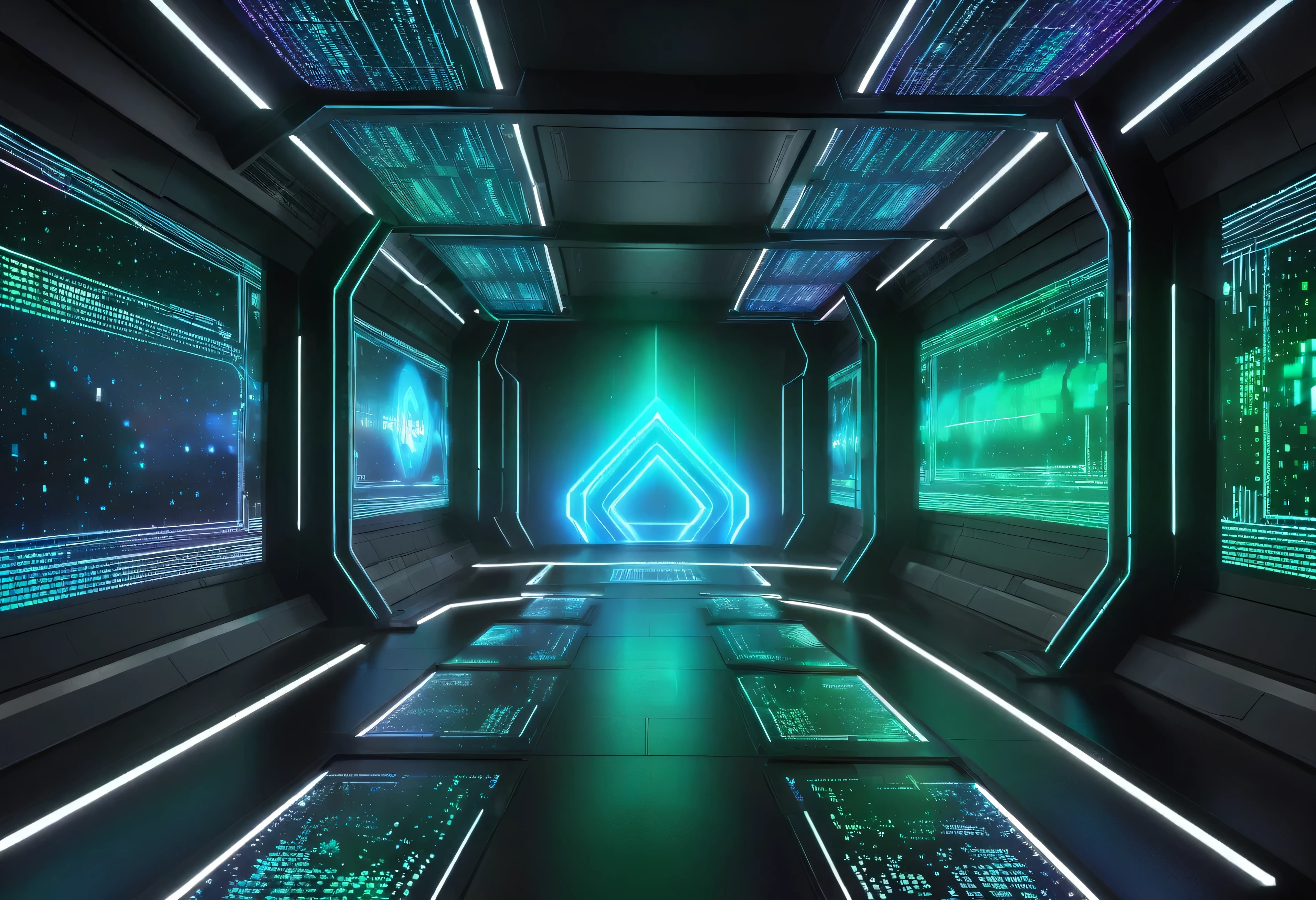 A realistic holographic screen floating in mid-air, displaying streams of binary data and futuristic icons. The screen emits a soft blue and green glow, casting subtle light onto the surrounding space, with transparent, sleek edges and intricate digital details. The design exudes a high-tech, advanced feel, giving a sophisticated, futuristic ambiance. No human figures or parts are visible, and the scene focuses solely on the holographic screen against a dark, minimalistic background.