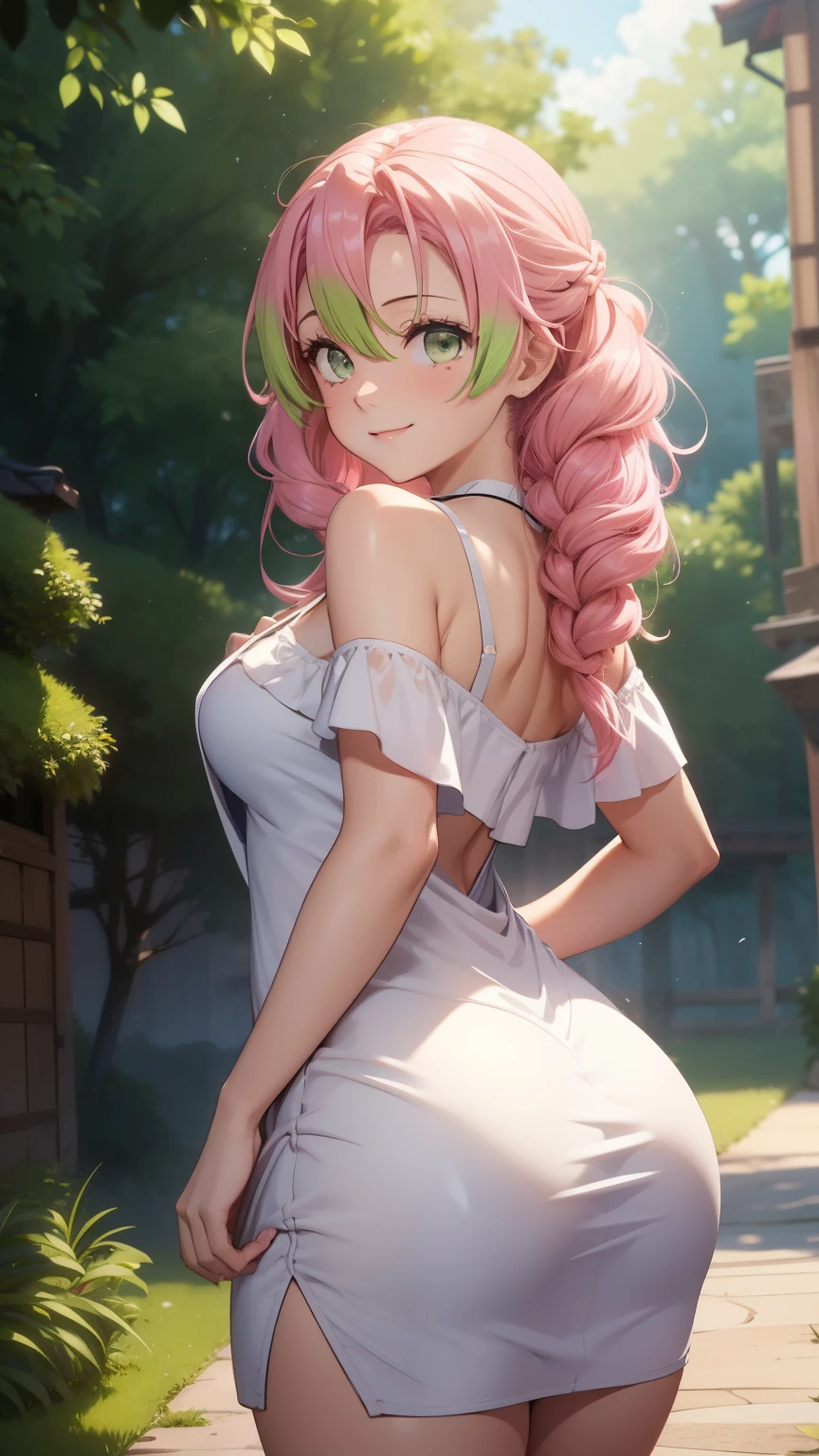 Extremely detailed CG Unity 8K wallpapers,kanjiro mitsuri,photograph from behind, tight dress, focus on ass, masterpiece,outdoors,charming,best picture quality,Volumetric light,Pink hair,Face turned red,Smile,Off the shoulder dress,Bangs cover one eye,looking at camera