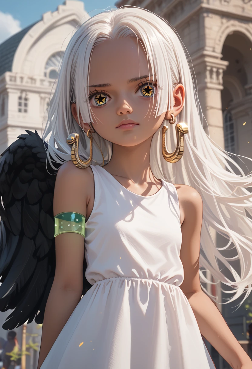 1 niña,aasnake, long hair, white hair, dark skin, earrings, yellow eyes, symbol-shaped pupils, black wings, small breasts. sundress, white dress, sleeveless, armlet