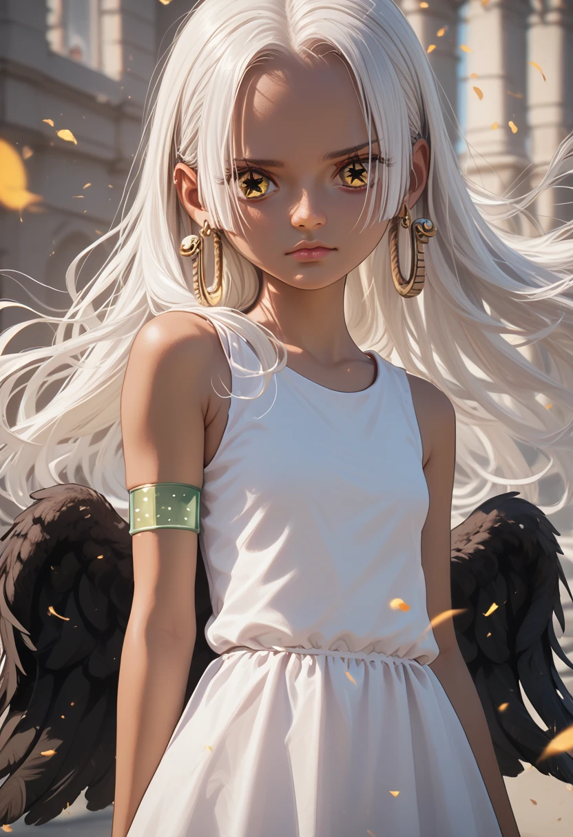 1 niña,aasnake, long hair, white hair, dark skin, earrings, yellow eyes, symbol-shaped pupils, black wings, small breasts. sundress, white dress, sleeveless, armlet