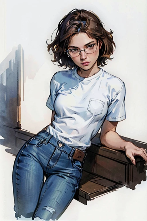 masterpiece, best quality, high resolution, draw, comic, hyper realism, lea1452, alone, short dishevelled hair, brown hair, brown eyes, glasses, slim body, very small breasts, ((wearing blue jeans and white shirt)), very soft light, black night, concept art, horror, dark, very dark, art by Yoji Shinkawa, ink and watercolor, ((concept-art)), ((white background))