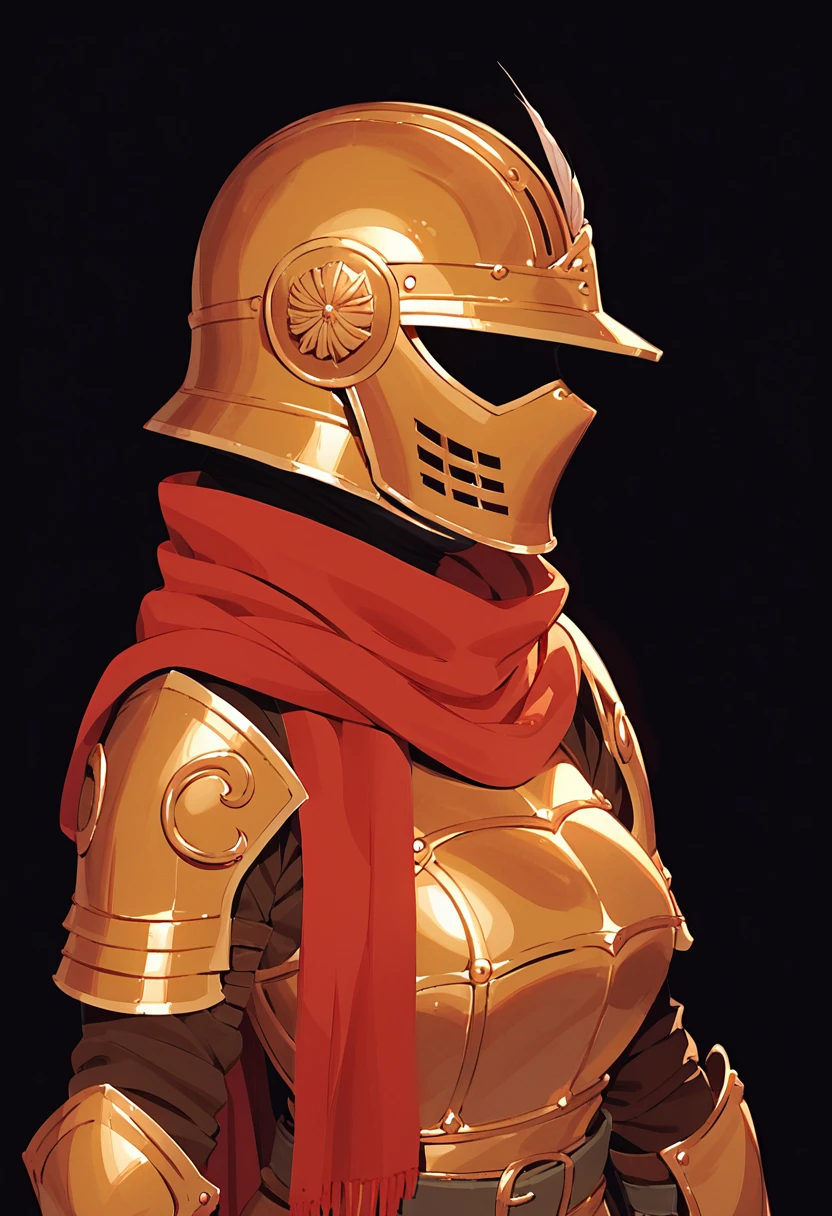 score_9, score_8_up, score_7_up, score_6_up, 1girl, face focus, face close up, 
1girl, golden armour, red huge scarf, utility belt, firesword, golden helmet, long red feather on helmet, side view, dark background, cave background, dark setting, cowboy shot