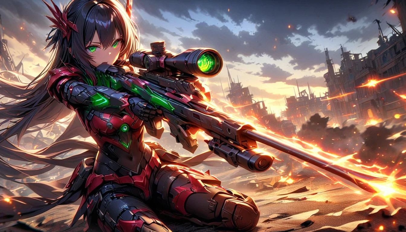 girl masterpiece, best quality, high resolution, best detailed, HDR, 4k, 8k, black hair, very long hair, detailed face, beautiful shape, anthropomorphism, mobile suit gundam, green eyes, blue and white armor, mechanical gloves, mechanical long boots, mechanical wings, holding a rifle,