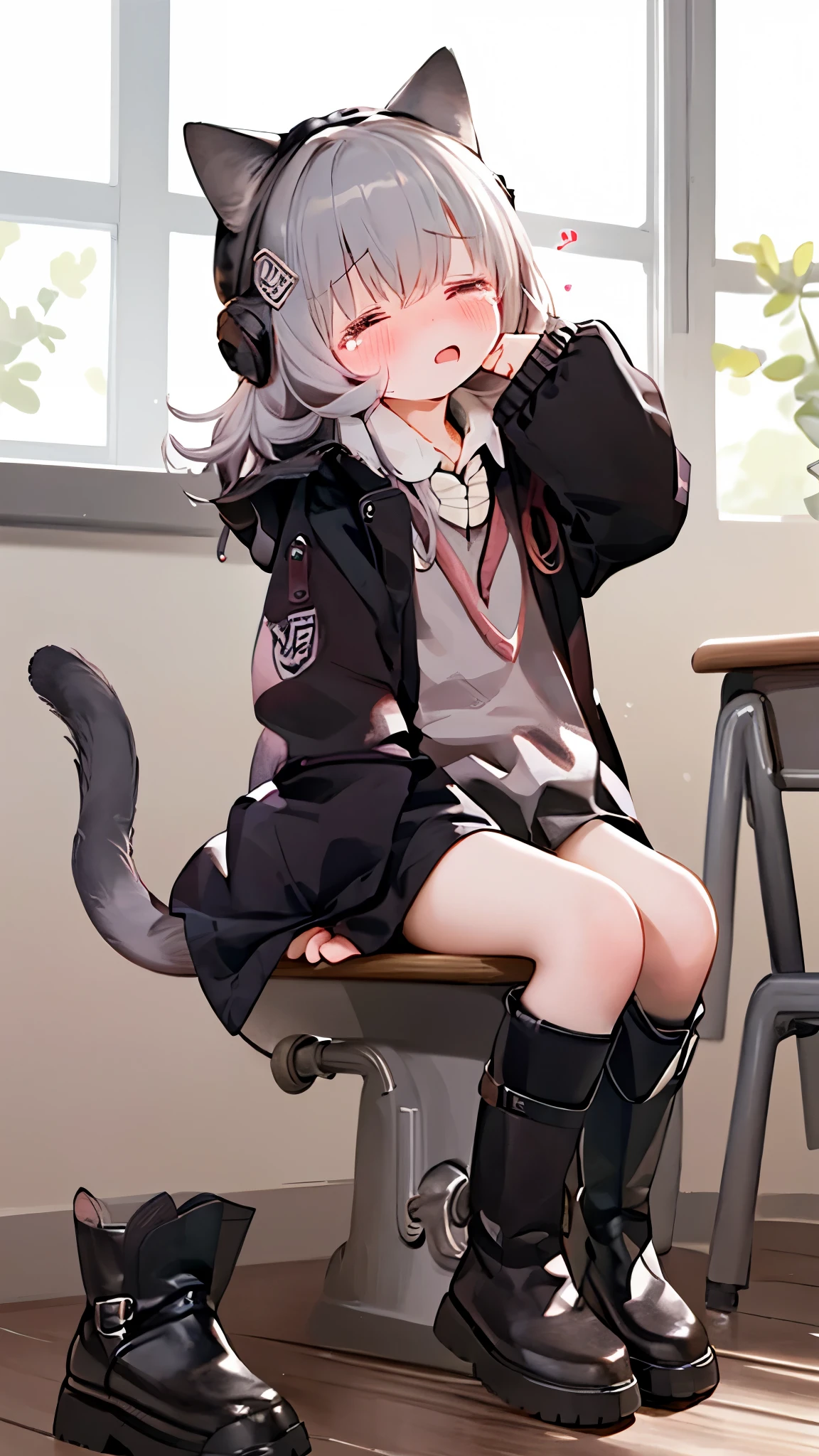 ，Shy，blush，，  black boots ，classroom场景，For the audience，，，blush害羞，classroom scene，girl，，((absurd)), ((On the table)), ( best quality ), ( Lens Flare), (  super detailed ), (Fair), ((cute girl)), solitary, Fair face, White skin, On the table, (: 1.3), , 、A girl goes to the toilet、 eternal, cry,  Close Your Eyes ,  tears streaming out of her eyes , The embarrassment comes from, blush), (girl is peeing: 1.2),, Look away, sit, Awkward, blush, Mouth slightly open, classroom (girl leaking urine): 1.5),cat girl，cat，Tail