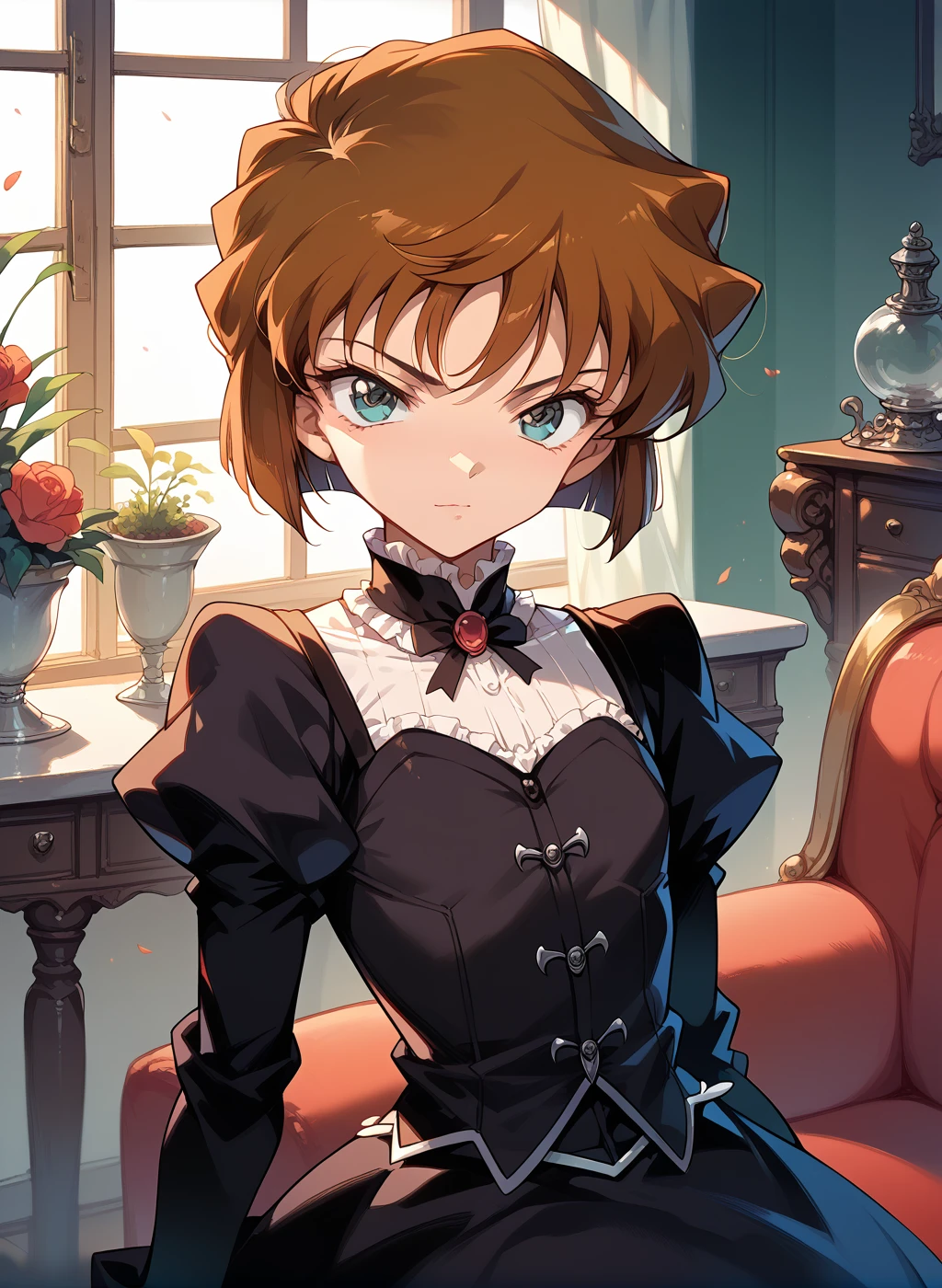 masterpiece, Kampala,Best Quality,8k(Detective Conan,Haibara Ai) (,, flat chest,short,Brown Hair, short hair) (( Gothic Tailored Outfit,))Seated princess,Sweet face