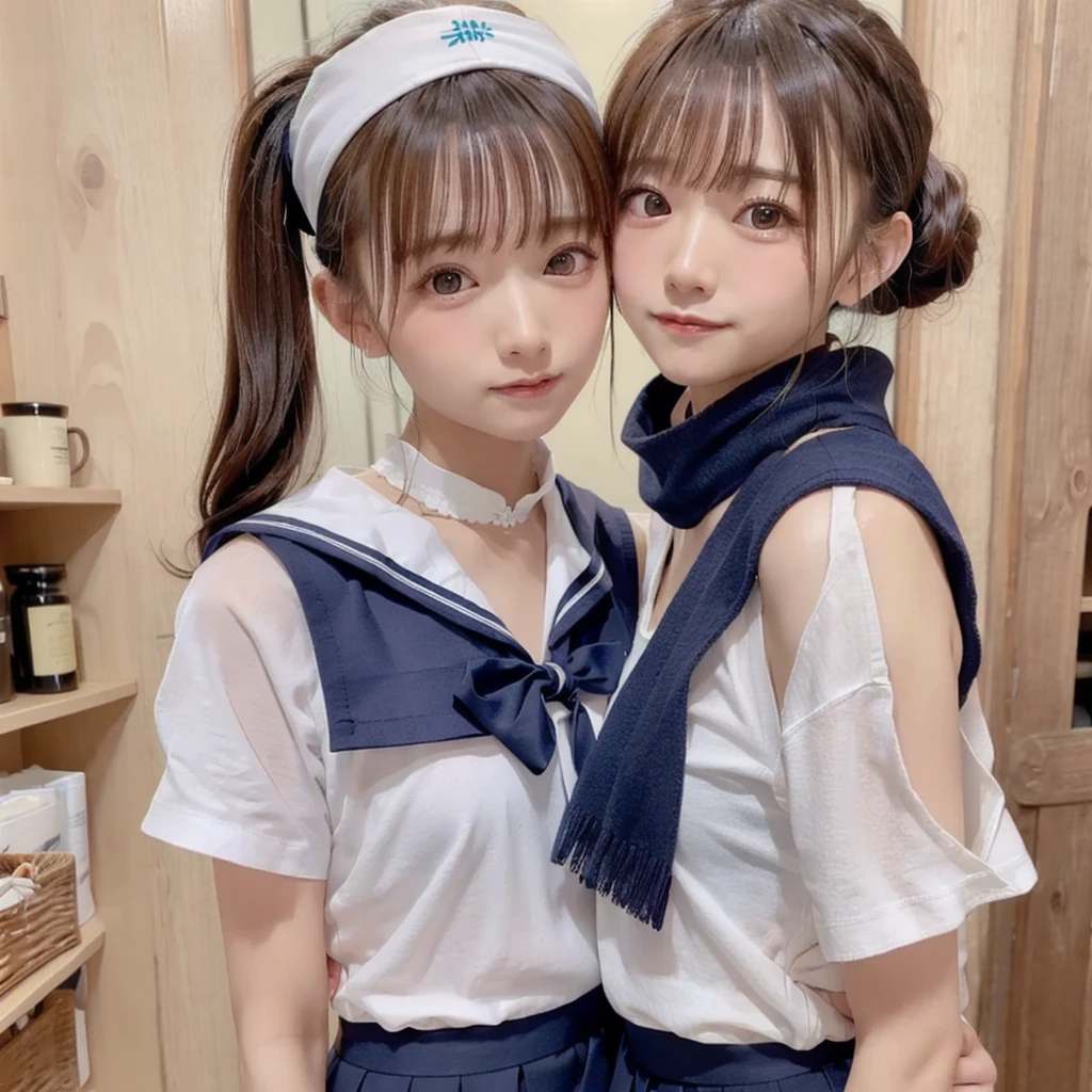  Japanese Women、Schoolgirl、Red scarf、 navy blue sailor suit、 white 3-line sailor suit、Short sailor suit、 short pleated skirt、Navy Blue Skirt、white 3-line skirt 、 cute、With bangs、 twin tails、 white headband 、 cute顔、Beautiful Face、Period pain face、Satisfied face、The eyes are double、Big eyes、Eyes are drooping、Drooping eye corners、Long eyelashes、Eyelashes are bristly、Open your mouth、 with one hand、