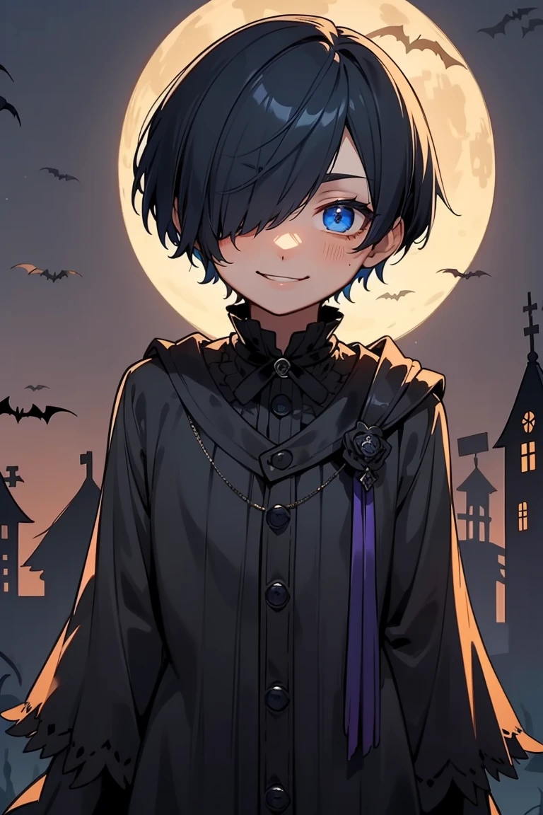   boy 、   asymmetrical bangs  、Bangs covering the right eye、Side Short Hair、  dark blue short hair  、  dark blue hair、 Looking up with the naked eye  、Mens Wear Halloween Costumes ( Bloodborne Hunter Black Orange and Purple Hunter Outfits)、Dark blue eyes、  dark blue hairHair over right eye、  mischievous smile  、、Front View、 Halloween Backdrop 