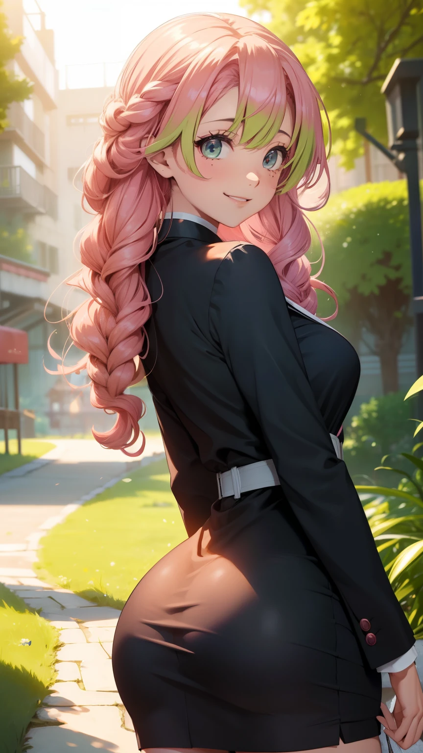 Extremely detailed CG Unity 8K wallpapers,kanjiro mitsuri,photograph from behind, tight dress, focus on ass, masterpiece,outdoors,charming,best picture quality,Volumetric light,Pink hair,Face turned red,Smile,Bangs cover one eye,looking at camera