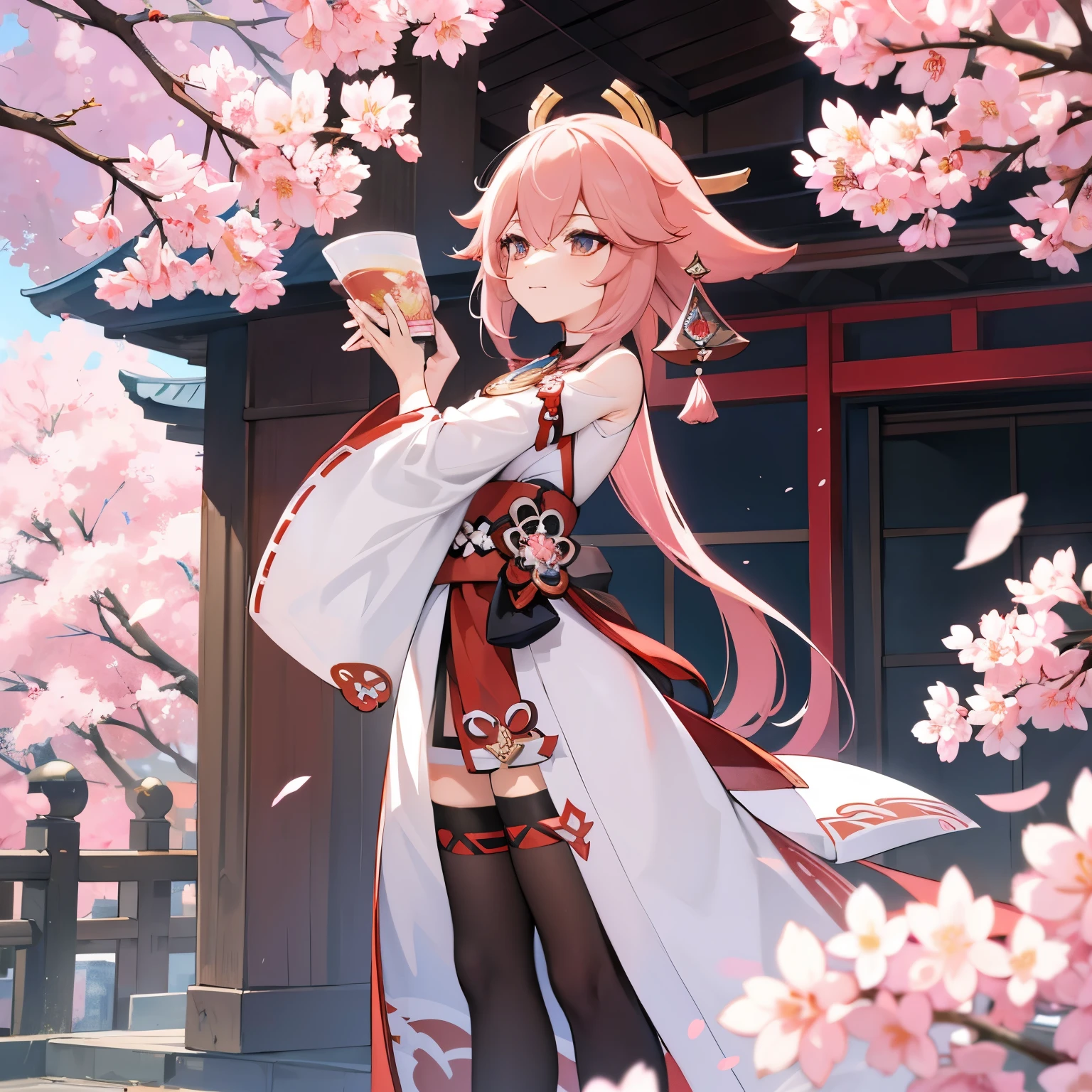 Genshin Impact Style，Yae Miko，Under a huge cherry blossom tree，whole body，Tall figure，Long stockings