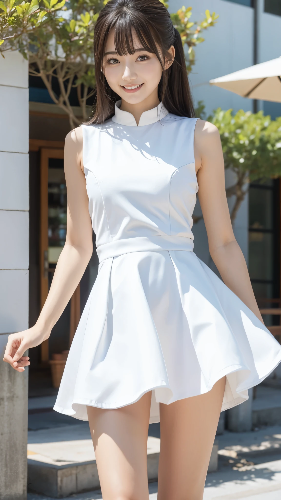 High school girl, Small and slender figure, slender body line, beautiful girl, , (( cute smile)), Best Quality, 8k, RAW Photos, ultra-fine, (Detailed hands:1.3, Perfectly right move:1.1, Small hands), ( detailed eyes and faces that resist tentacles:1.2, Professional photography), (Beautiful breasts), ( Tight Waist ), (Thin thighs), (Beautiful small face, beautiful eyes, High nose, Moisturizing Lips:1.2), ((elegant and tight miniskirt dress, white dress)), ((Cute hairstyle)), ((The wind blows up my skirt:1.2))