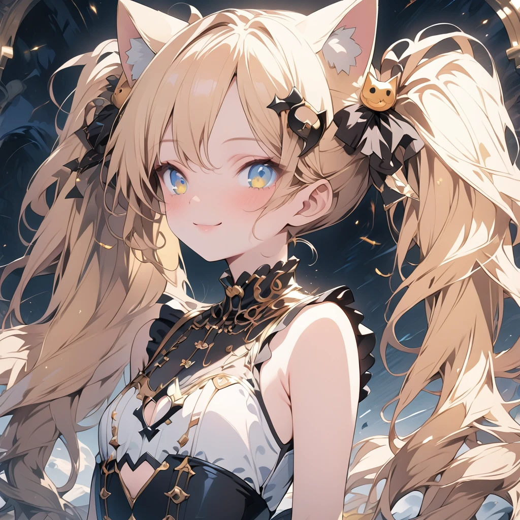 Absurd,anime,（ロンギヌスの槍:1.5）,Detailed and beautiful eyes,(art),(artistic clothing:1.5),Cat costume,HEART,sleeveless,Blonde, twin tails,smile,(a girl:1.5),from the waist up,(small breasts:1.2),(small chest:1.2),mysterious,Hello,(Large detailed hair ornament:1.2),(look away:1.5),detailed clothes,Flashy Moves,Mechanical,masterpiece, moe kawaii,abyss,luster,lame,(ultra detailed:1.2), ((highest quality)) ,Extremely Delicately Beautiful ,64k