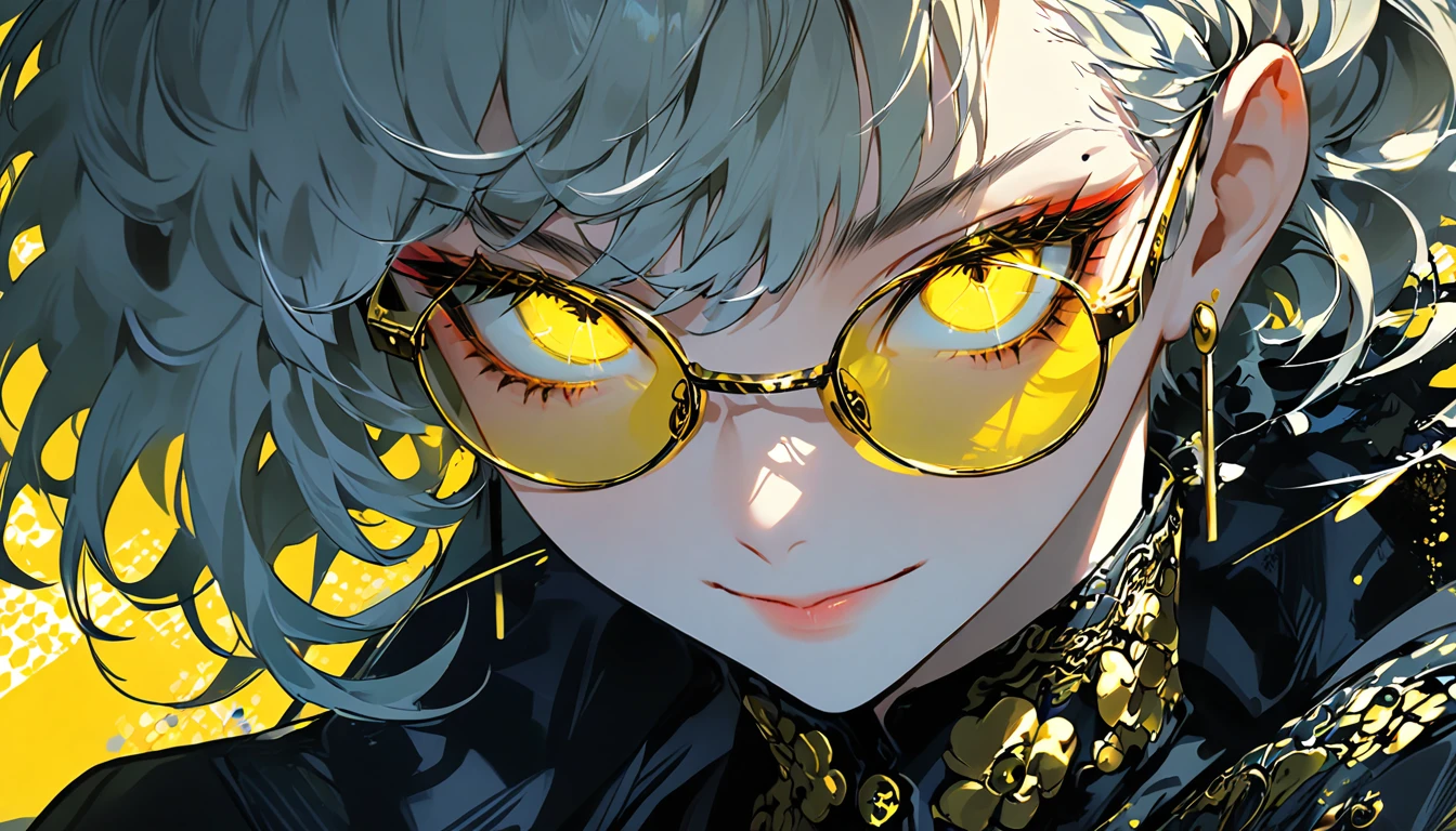  anime girl with sunglasses in her hair,  Guweiz style artwork ,  digital illustration style ,  animation style  일러스트,  animation style  4k, Yellow eyed , with glowing eyes,  animation style . 8k, author：heroes,   Persona 5 art style WLOP  ,  Morning City ,  Very Detailed ,  surreal , 8k,   face close-up 1 happy smile shy girl center