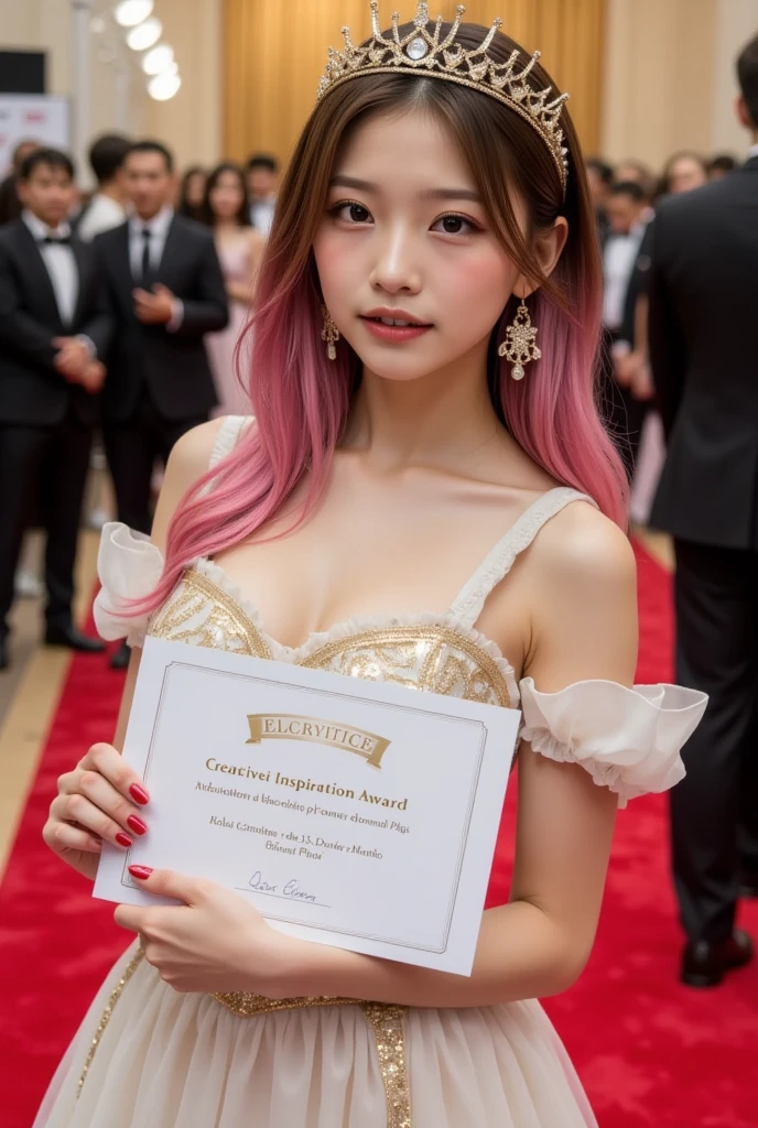 One girl, gal,makeup,seductive smile,portrait photo,(Holding a certificate that reads “Creative Inspiration Award”).,looking at viewer,(gold, pink hair, two-tone hair),long hair,Tiara,Gorgeous dresses, gorgeous jewelry,jewelry,earrings,nail polish,pink nails,
best quality,masterpiece,photorealistic,A celebrity Standing on the red carpet in a hall full of paparazzi