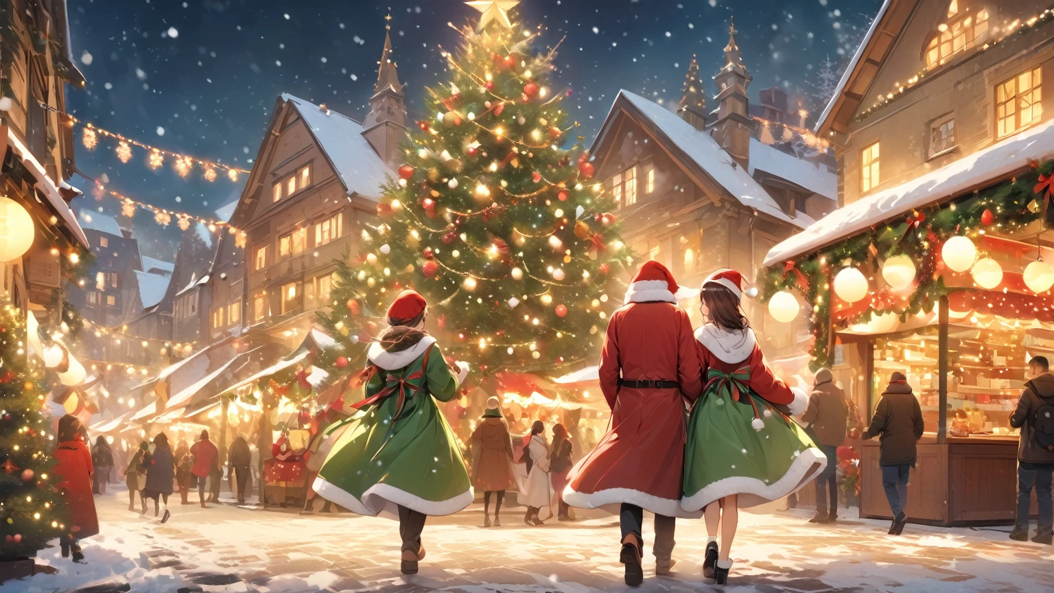 Christmas  approaching, The streets and alleys of the city are filled with a strong festive atmosphere。Bustling shopping malls filled with all kinds of Christmas merchandise, flashing colored lights, Singing soaring。and as night falls, snowflakes falling, Covering the city with a layer of silver gauze。, in this warm holiday, Every household has carefully decorated Christmas trees, The tree  covered with colorful ribbons and flashing LED lights。Portrait of Santa Claus hanging on the wall, A kind smile seems to be conveying blessings to people。The table  filled with sumptuous dishes, The family sits together, Share good times together。, Children look forward to Christmas gifts with excitement, They wrote their Christmas wish list early, Hang on the bedside。Christmas Eve, They carefully placed their shoes next to the bed, Expect Santa Claus to put the gifts in。Adults are busy sending greeting cards to each other, Send blessings and love。, in a school, The students put on their festive costumes one after another, Host a Christmas party。The classroom  decorated with various Christmas decorations, The singing continues, laughter echoes in it。Everyone exchanges gifts, Share delicious food, Spent an unforgettable afternoon together。, Streets, people holding hot drinks, Wear thick clothing, His face  filled with a happy smile。Couple cuddling each other, Walk in the snow, Leave a romantic footprint。Friends gathering for dinner, Share each other's stories, Had a wonderful time after another。, In this festival full of love and warmth, people'Heart full of joy and gratitude。christmas, It seems like a beautiful symbol, will be happy、Reunion and blessings to everyone。And the strong festive atmosphere, like a beautiful picture, Forever fixed on people'of hearts。, hyper HD, high detal, high qulity, super detailing, Best quality at best, 1080p