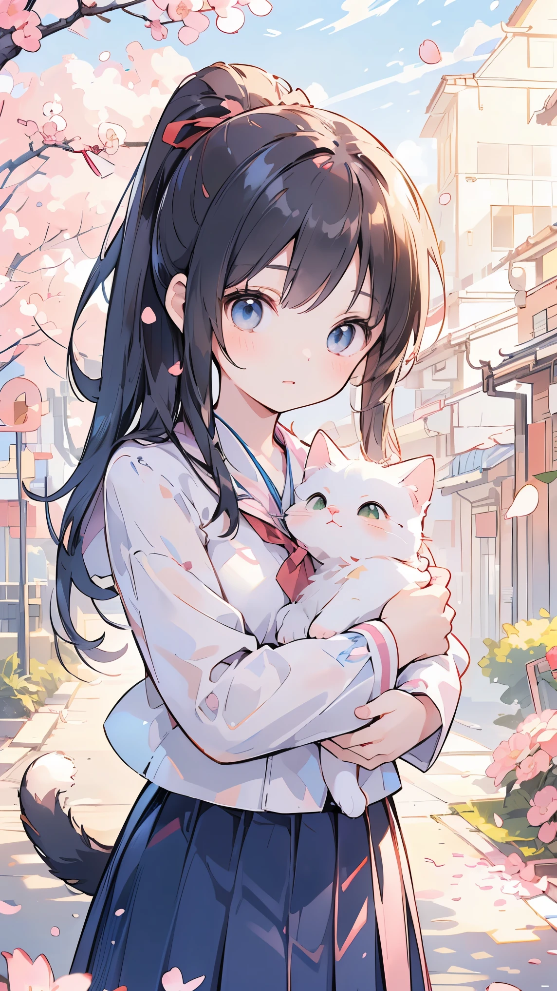 (((Best quality, 8k, Masterpiece: 1.3)), ((best quality)), ((masterpiece)), (detailed), perfect face, A Japanese high school girl gently cradles a small cat in her arms, standing outdoors under soft sunlight. She is wearing a traditional Japanese school uniform with a navy blue blazer, white blouse, and pleated skirt, complete with a red ribbon tie. Her expression is warm and caring as she looks down at the cat, a tabby with bright eyes nestled comfortably in her embrace. Around her are cherry blossom trees in full bloom, with pink petals softly falling. The scene is calm and heartwarming, capturing a peaceful moment of companionship between the girl and her cat. black hair, ponytail