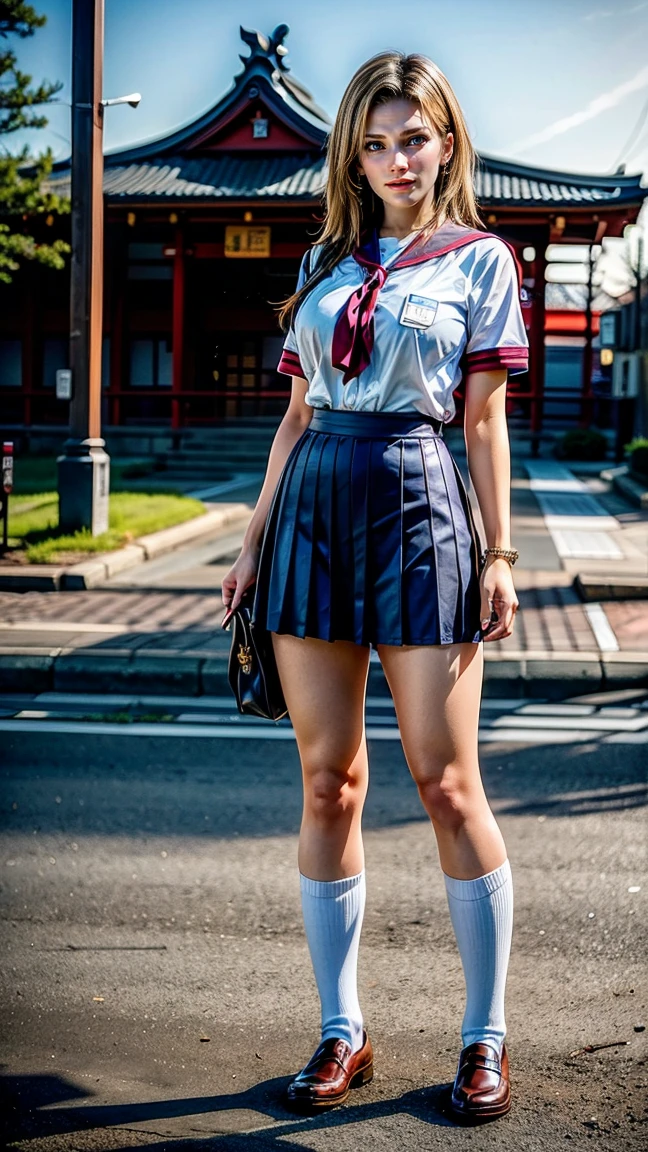 8k、（masterpiece、Best Quality:1.3）、（ very detailed:1.2）、 perfect anatomy、 Beautiful Japanese Women、18 years old、 high school students、 Healthy Thighs、 beautiful feet、Beautiful Skin、 random hair color 、 random hairstyles、Big Breasts、(Japanese High School Uniform:1.3) 、 Full Body Shot 、 loafers、I have a student bag in my hand、Main Street、Tina