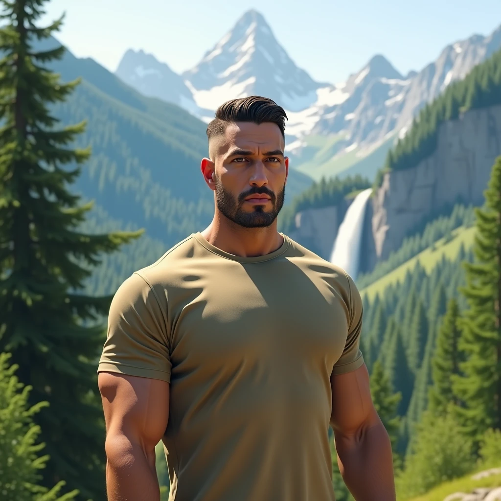 Masterpiece, Best Quality, High resolution, (1 chico:1.4), hiker, in hiking clothes, in hiking pants, male focus, focus alone, tanned skin, 38-year-old man in forest, muscular, strong, furry, masculine, in the forest, natural lighting, amazing composition, front view, HDR, volumetric lighting, (plano general, FROM THE FRONT:1.2) (GS-Macho :1.5) (magnificent landscape:1.2), macho, thick forearms, thick arms, huge thighs, charming smile with teeth, winking at camera, raunchy, scruff