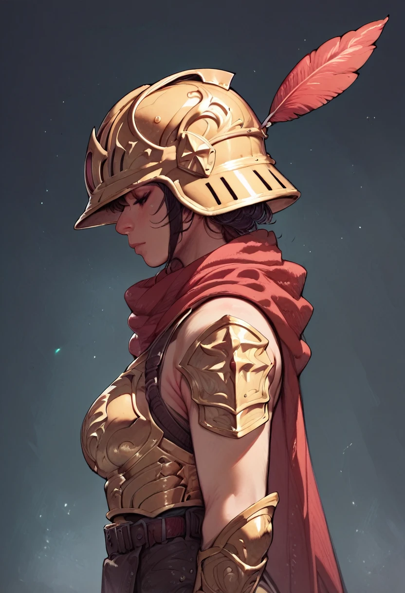 score_9, score_8_up, score_7_up, score_6_up, 1girl, face focus, face close up, 
1girl, golden armour, red huge scarf, utility belt, firesword, golden helmet, long red feather on helmet, side view, dark background, cave background, dark setting, cowboy shot