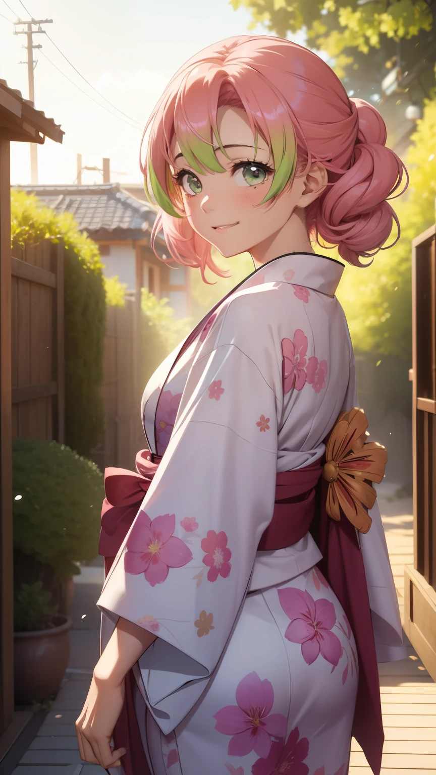 Extremely detailed CG Unity 8K wallpapers,kanjiro mitsuri,photograph from behind, YUKATA, focus on ass, masterpiece,outdoors,charming,best picture quality,Volumetric light,Pink hair,Face turned red,Smile,Bangs cover one eye,looking at camera