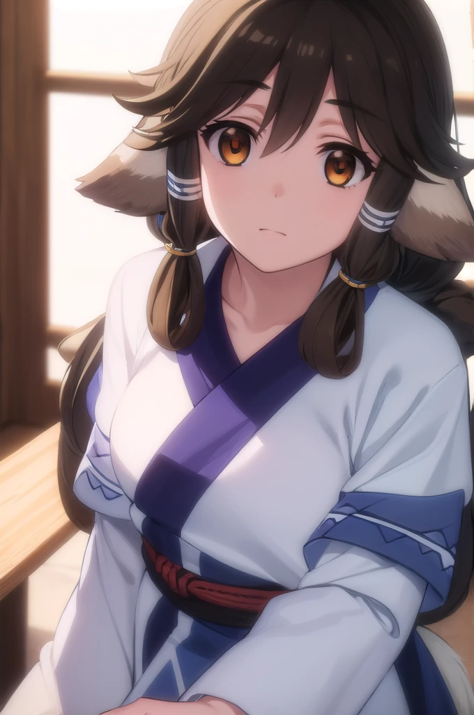 utawarerumonofollow , follow ,  black hair , animal ears, ( brown eye :1.5), dog ears,
BREAK tail, Ainu clothing,  long sleeves ,
BREAK outdoors,
BREAK looking at viewer, ( cowboy shot :1.5),
BREAK (masterpiece:1.2),  Best quality,  high definition , обои Unity 8k, ( illustration:0.8), ( beautiful detailed eyes :1.6),  extremely detailed facial hair  ,  perfect lighting,  extremely detailed CG , (perfect hands,  Perfect Anatomy), better lighting, the best shadow, (masterpiece), ( Best quality), ( ultra-detailed hood is worn)