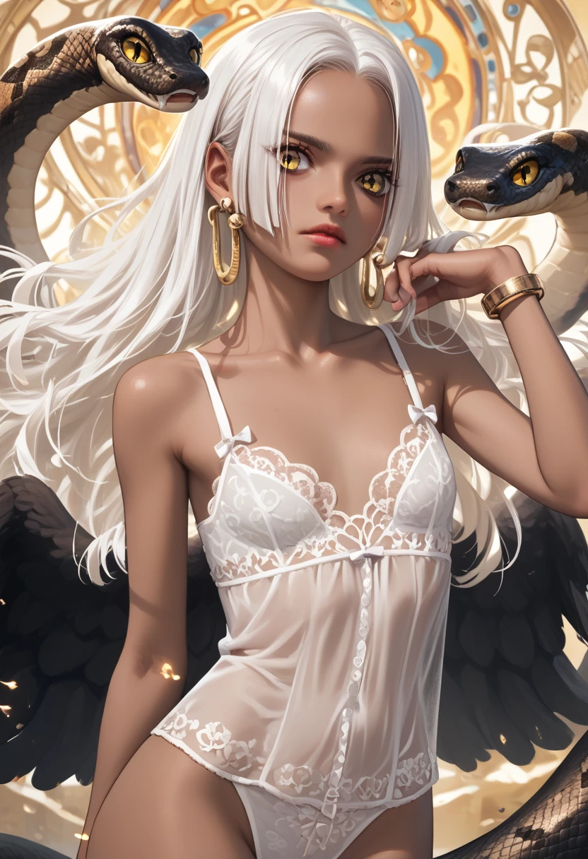  a girl, snake,  long hair,  white hair , dark skin, earrings,  yellow-eyed ,  Pupils in the shape of a symbol , BLACK WINGS,  small breasts. lingerie de verano, lingerie, bracelet,B cup breasts,  waist 50 cm and hips 70 cm,muslos grandes...