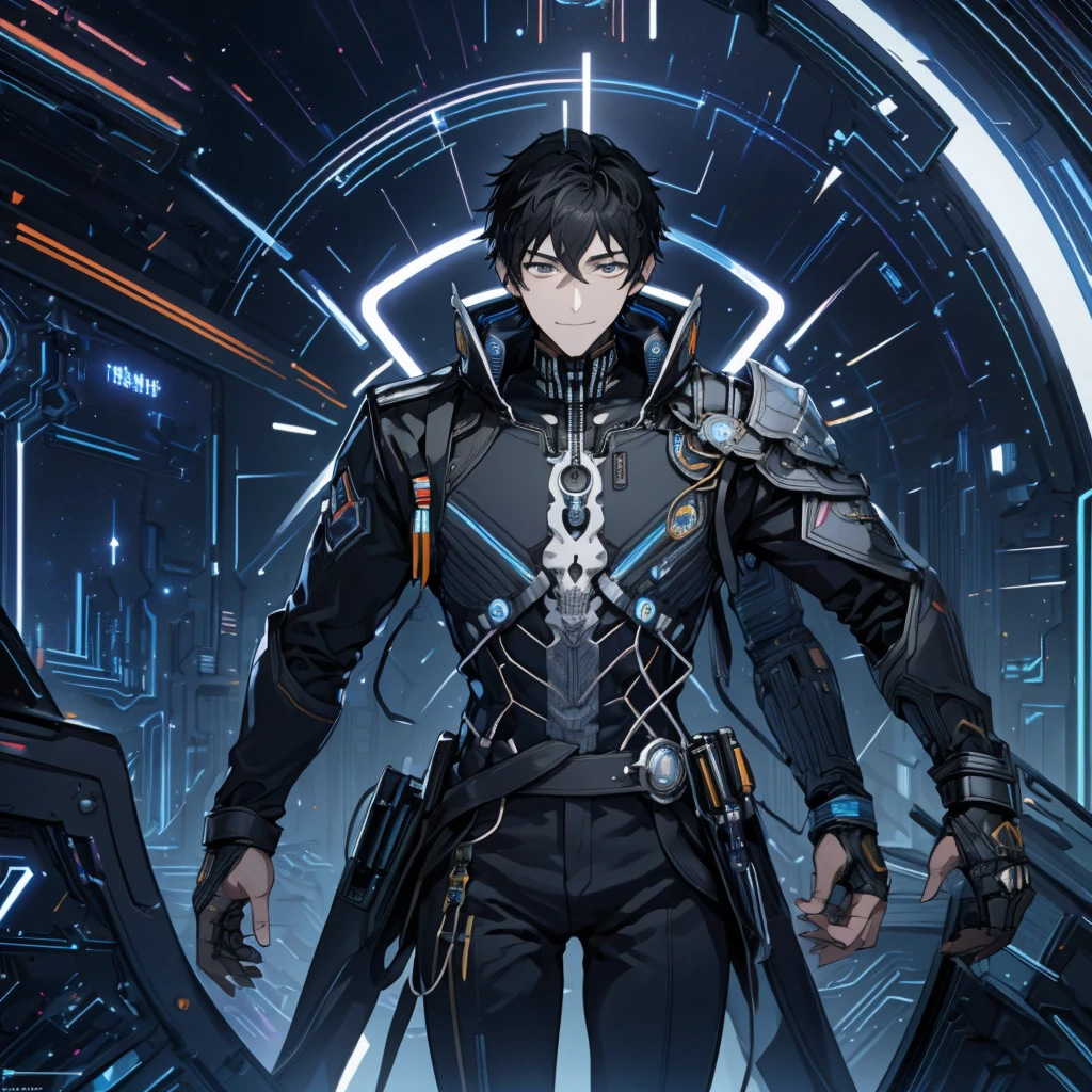  illustration of a young man , Black Hair, Short Hair,  dark eyes,  short wolf hair , 20-year-old man, I'm wearing a black skinny pilot suit,  relaxing in a spaceship lobby , A smirking expression, Official Art、 Best Quality 、 unity 8k Wallpaper 、32K、masterpiece、Super detailed, Male nose, Male Eyes , Male outline ,  male skeleton , Male Body, English is displayed on multiple monitors,  looking down from above, {{{APEX}}}, English is displayed on multiple monitors,  looking down from above,