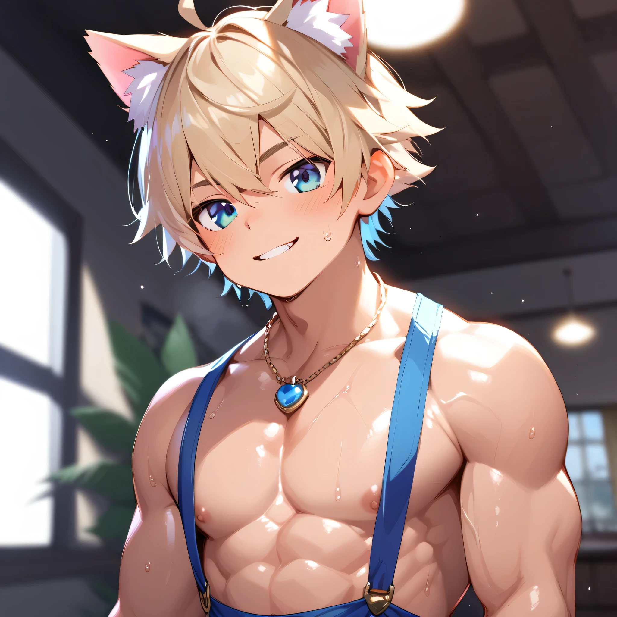  Young Boy , Cat ears,  sweating , Chiseled abdominal muscles, Well-defined chest muscles