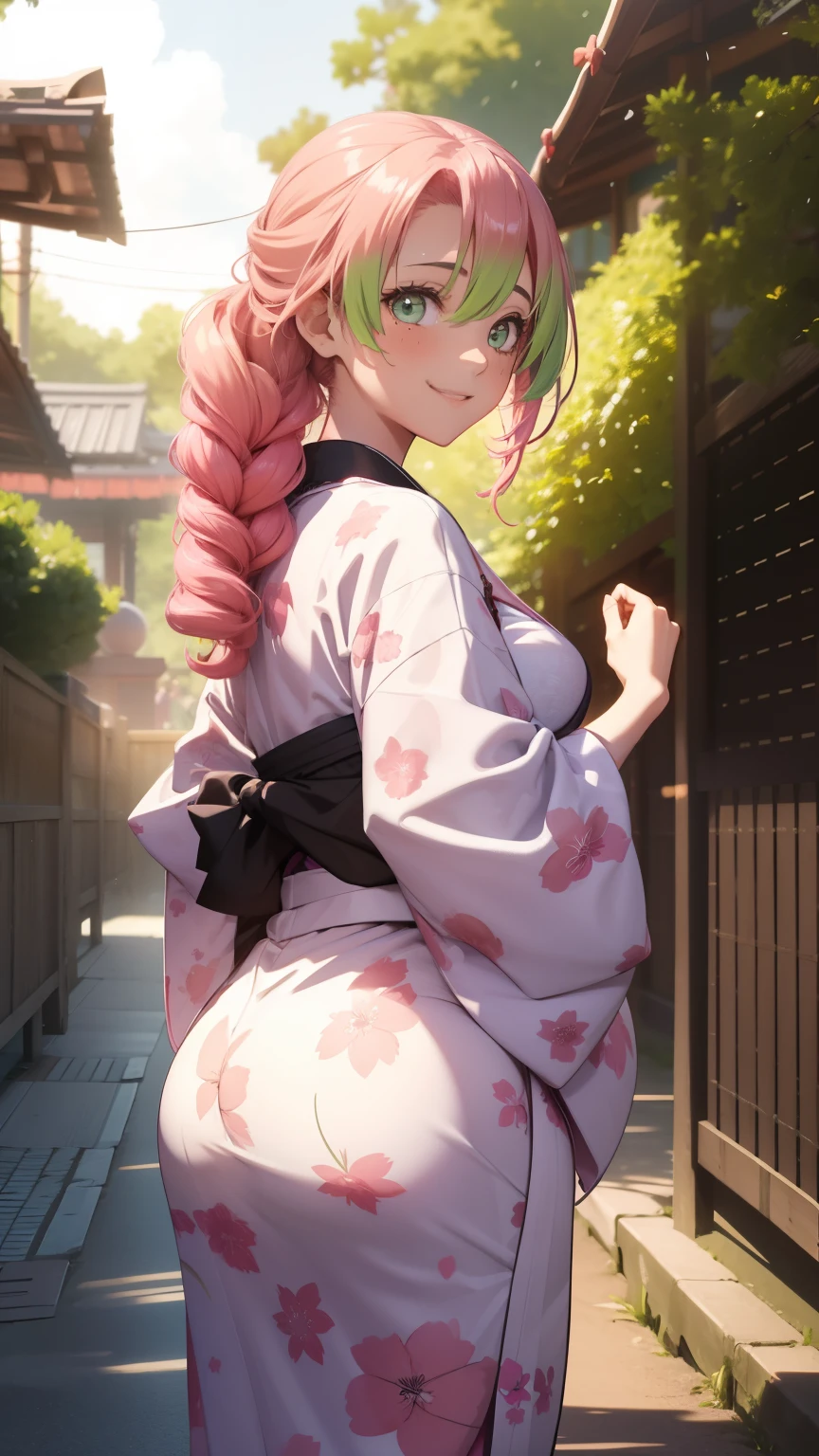 Extremely detailed CG Unity 8K wallpapers,kanjiro mitsuri,photograph from behind, YUKATA, focus on ass, masterpiece,outdoors,charming,best picture quality,Volumetric light,Pink hair,Face turned red,Smile,Bangs cover one eye,looking at camera, 3THICC BOOTY BULGE