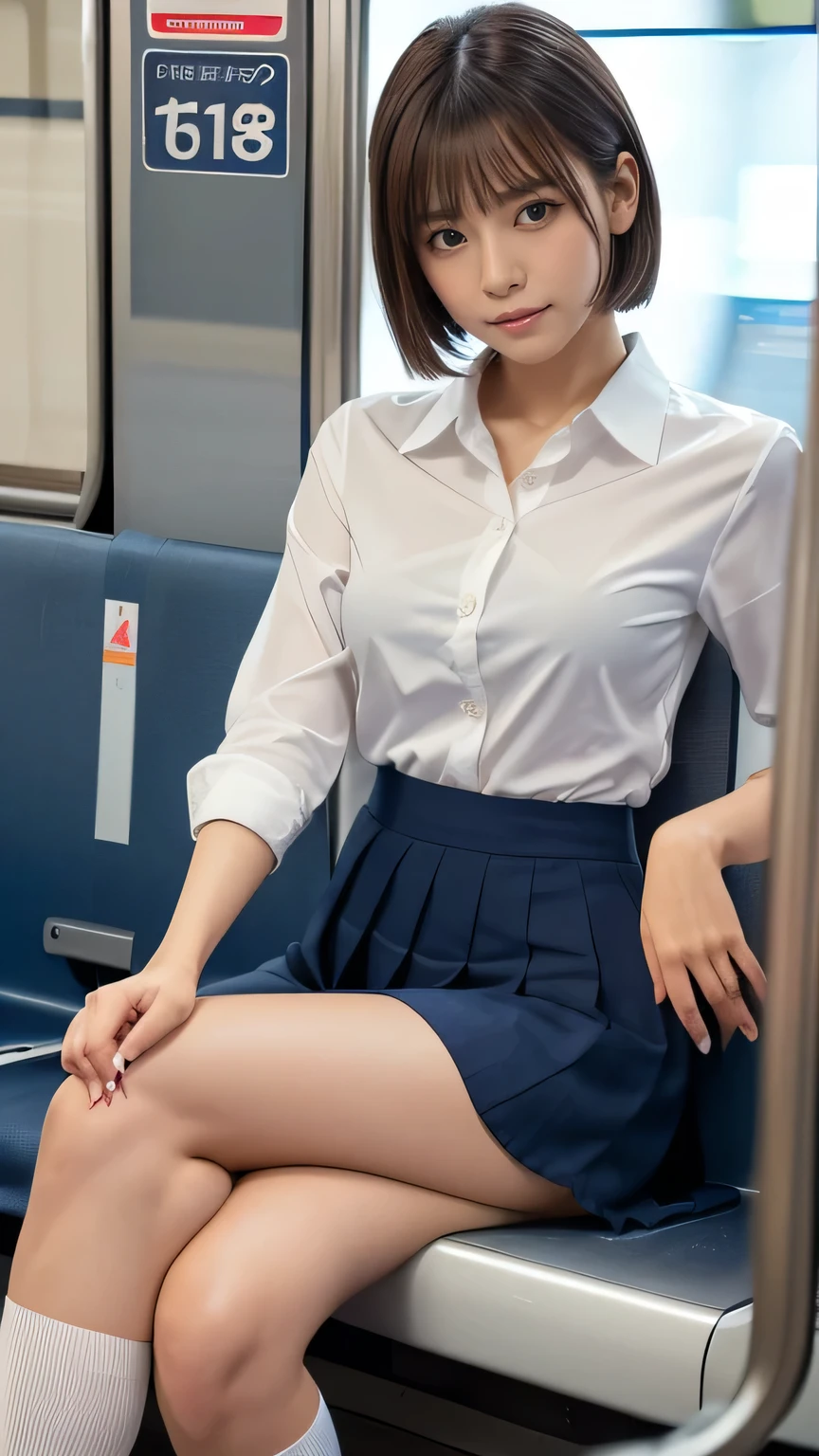 Japanese Girls、18歳の女の子、ple short hair、Blond Hair、bangs、BROWN EYES、Perfect figure、Sense of transparency、luster、gloss、modest chest、School Uniforms、Navy blue ribbon、Light blue shirt、Navy blue skirt、Guangyue、Burning body、hposing Gravure Idol、On the train、Beautiful feet、Strong sunlight、Nasty、Rain-drenched body、wet