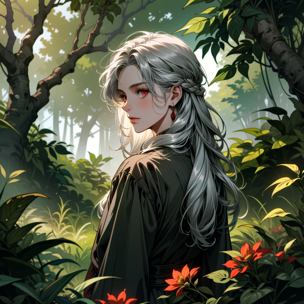 ((ultra detailed, masterpiece, absurdres))
 TWDCarol, long hair, grey hair, in a lush jungle with vibrant flowers, from behind, looking back, red eyes