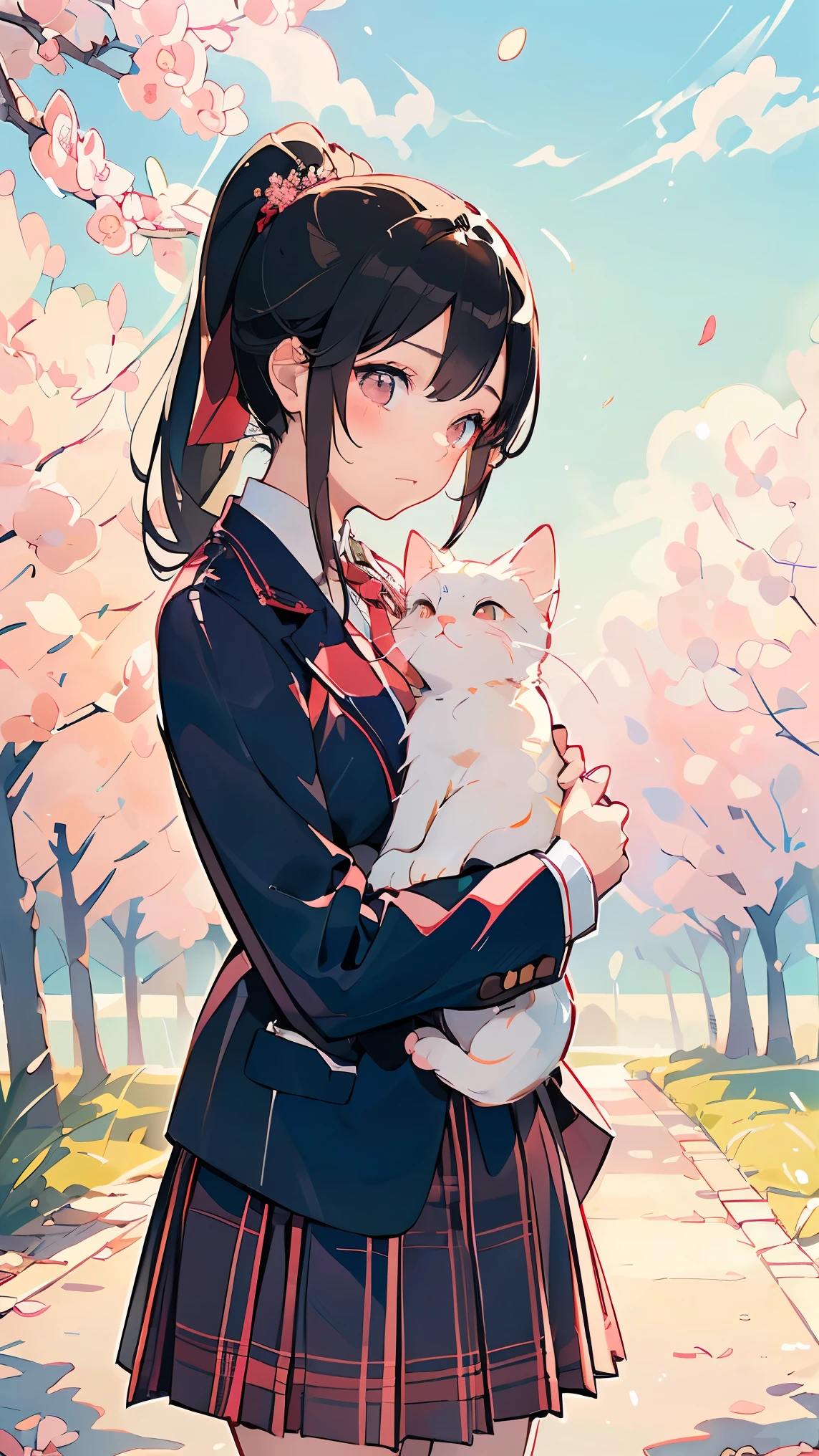 (((Best quality, 8k, Masterpiece: 1.3)), ((best quality)), ((masterpiece)), (detailed), perfect face, A Japanese high school girl gently cradles a small cat in her arms, standing outdoors under soft sunlight. She is wearing a traditional Japanese school uniform with a navy blue blazer, white blouse, and pleated skirt, complete with a red ribbon tie. Her expression is warm and caring as she looks down at the cat, a tabby with bright eyes nestled comfortably in her embrace. Around her are cherry blossom trees in full bloom, with pink petals softly falling. The scene is calm and heartwarming, capturing a peaceful moment of companionship between the girl and her cat. black hair, ponytail