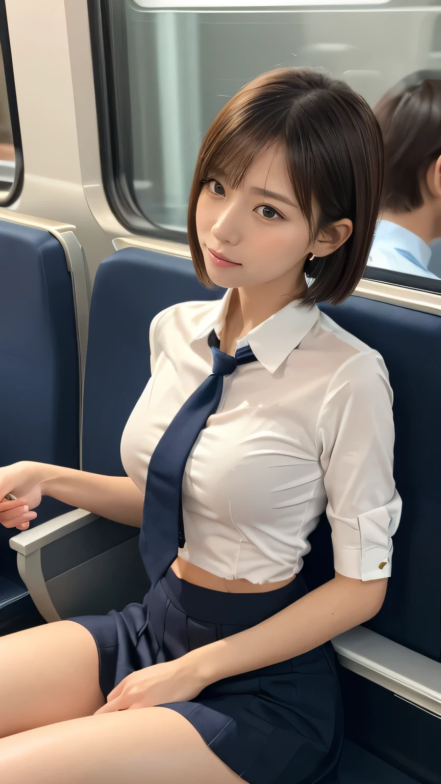 8k, RAW Portrait ,masterpiece、Photorealistic:1.3、Realistic, Ultra-high resolution,, Real Life Photos 、Browsing Caution, ((masterpiece)), ((Highest quality)), (Very detailed), ((cute)),, (Sitting on a chair inside a Yamanote Line train.), ((sexy)), (Holding a smartphone in hand), ((Very detailed)), 4K, (8k), Highest quality, (Show off your genitals), hyper cute face, shape,,hyper Genuineistic, Genuine, Dynamic Angle, ((whole body)), close, Clear contours, (Two:1.5), (Schoolgirl uniform :1.5), 美しい light brown hair, Beautiful brown eyes, ((Beautiful eyes)), (Spread your legs out to the side:1.5), ((short hair)), ((Pull up your skirt))、