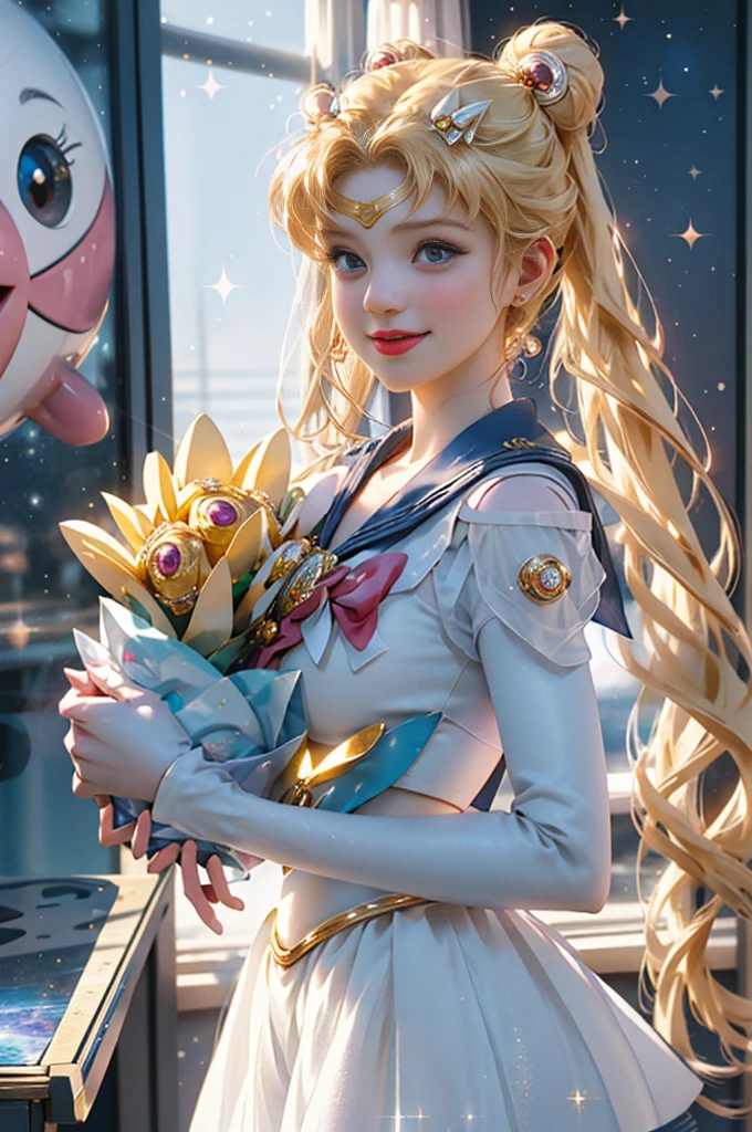 a professional movie photograph of, woman in a pixar-style sailor moon, in the style of luminous 3d objects, she has a cartoon smile, with lit eyes, white skin and rosy cheeks, a winning photograph from the society, blonde hair, dorne, very bright and shiny blonde hair, iridescence/opalescence, glitter, highly detailed photorealistic, 16k --expressive style --niji 5, best quality, high quality, highly detailed, 8k