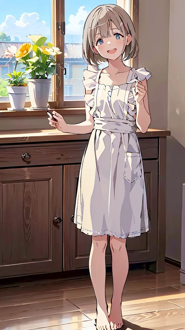 masterpiece, Best Quality,  Kampala,  very detailed,(((Serizawa Asahi ))), ((( naked apron))), (((Frills))), (((barefoot))), ((( waist apron ))), ((( stands in the distance))), (((Positive。))), (((indoor))), (((blue sky))), ((( is laughing。))), (((window))), (((Flooring))), (((furniture)))