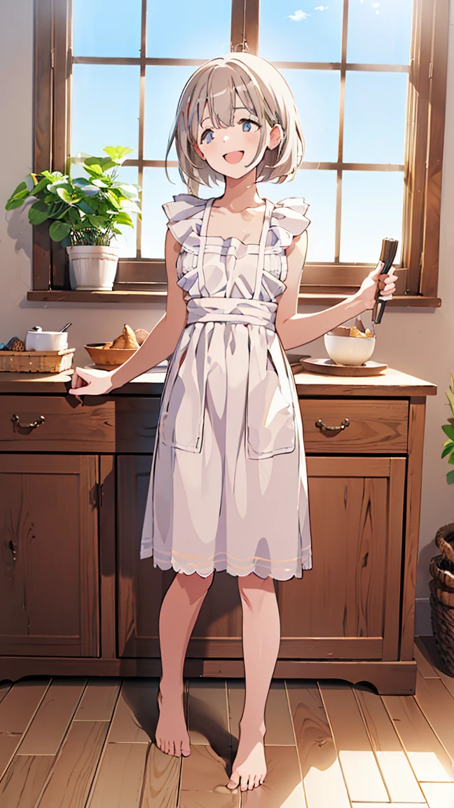 masterpiece, Best Quality,  Kampala,  very detailed,(((Serizawa Asahi ))), ((( naked apron))), (((Frills))), (((barefoot))), ((( waist apron ))), ((( stands in the distance))), (((Positive。))), (((indoor))), (((blue sky))), ((( is laughing。))), (((window))), (((Flooring))), (((furniture)))