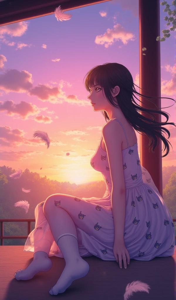  A beautiful young Japanese woman.
 black hair , far away, fluttering. 
honey-colored eyes, expressive, deep,  Cintilante, obfuscating.
 She is wearing a white dress with a cat print and white socks .
Ela esta sentada na varanda de sua casa admirando o por do sol  Cintilante, obfuscating, lilac and orange gradient . 
 The leaves of the trees fall in the wind breeze .
Uma cena magica
32k, HDR, UHD. 