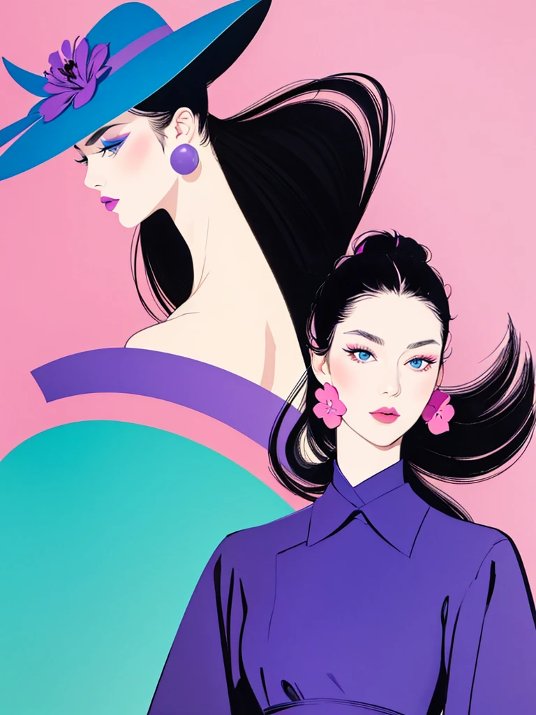 Ichiro Tsuruta, portrait illustration of a beautiful woman, stylish illustration, 2D, Flat illustration, Minimalist Art, sharp facial features, blue-gray eyes, slender eyes, purple wide-brimmed actress hat, , makeup, lipstick, light smile, (glossy super long hair: 1.2), pink and purple off-the-shoulder dress, jewelry, upper body, earrings, purple elbow gloves, face seen from the side, sexy long neck, lily flower, pastel colors, rim light, backlight, pale cyan blue and pale pink gradient background.