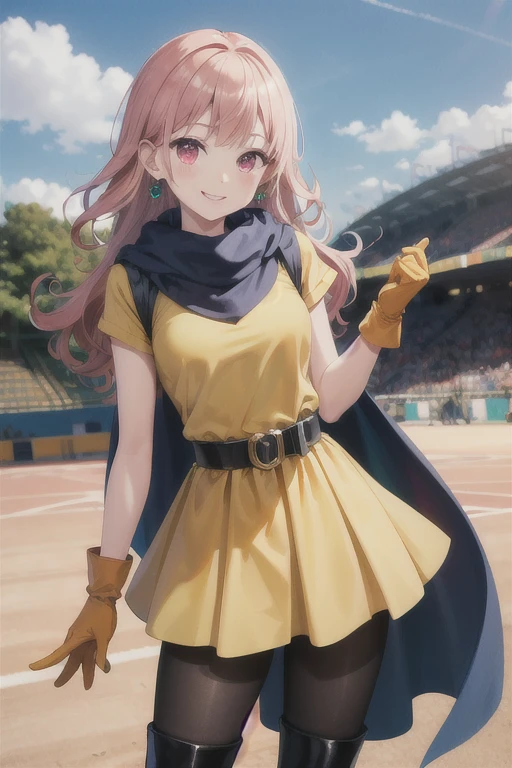 masterpiece,Best Quality, Kampala,Super detailed,Arena,Have,Long Hair, curly hair ,Pink Eyes, earrings with cups,Cape,Yellow Dress,Short sleeve,Gloves,belt,skirt, black pantyhose,boots,  outdoor , standing ,smile, cowboy shot,