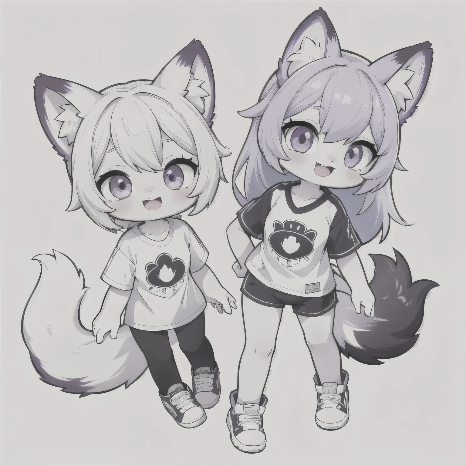 Female hairy purple fox, orelhas de fox, fox tail, gym clothes ,  wide hips , white skin body, simple background, Whole body, standing, Chibi. (cyberpunk style), ( masterpiece ,  high quality ,  best quality, 8k,  High resolution), ((chibi style, Chibi cute)), (Alone, 1 ), { fox, cara de fox, 2 fangs , long eyelashes, eyeliner} {bigodes de fox}, (((Pele de fox por todo o corpo, listras de fox no corpo, visible ears  ))), ((Long rainbow hair)), hair clip, [[hair clip Cyberpunk]], ((very happy)), ((open mouth)), [Rainbow pupil ], ((looking up)), (very small breasts), thin arms, ( arm down), armpits, ((Mini T-shirt,  full white t-shirt )), {Calsa Legging brancos}, {{{ mini tiger tail ,  tail on the back }}}, (((Goal from above the body))), (((standing,  choppy heel angle ))),  dynamic pose , white background, simple background , (((( Tora-chan style on Hanayome )))), (( dazzling vivid color)), ANIME STYLE, Color of Mango .  masterpiece , perfect anatomy.