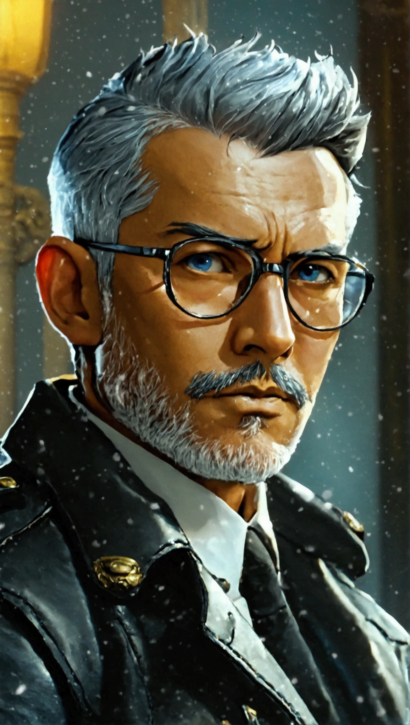 1man, handsome, american-european face, american-european person, middle-aged man, 61 year old, quiff sides and tape hairstyle, black hair with graying temple edges, blue eyes, prominent muscular body, Indonesian grey policeman uniform paired in black leather jacket, sharp detail, hyperdetail, aesthetic, dreamy, aesthetic, HD, High Quality, masterpiece, 8K resolution