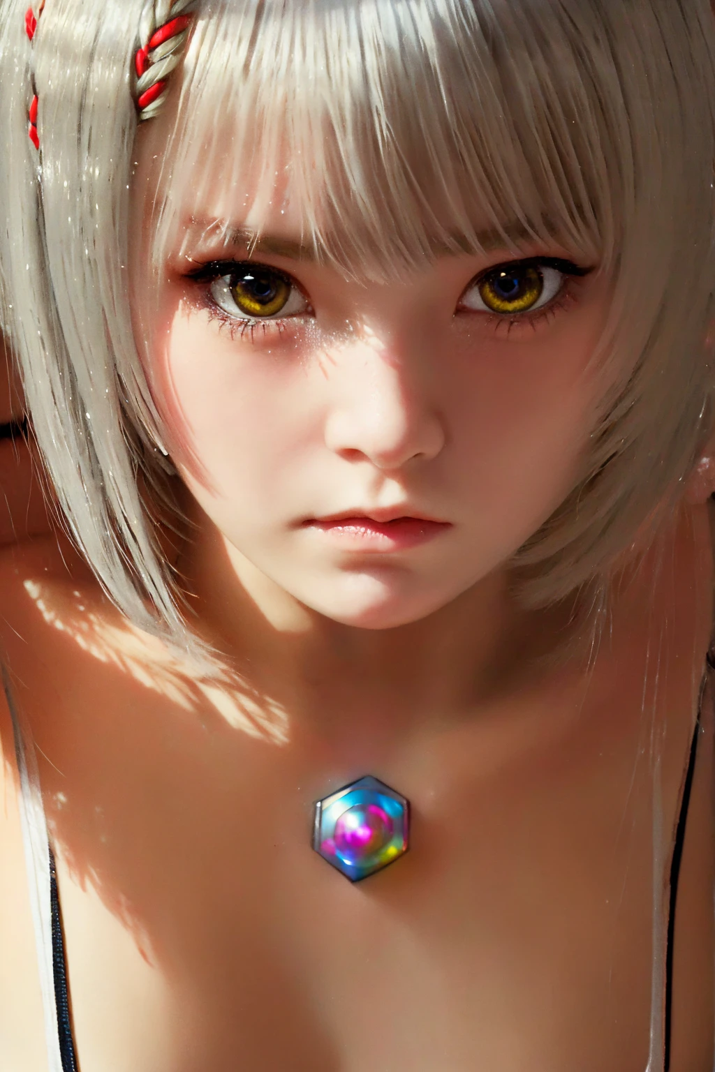 mio/(xenoblade/),masterpiece,1 girl,a young girl,white hair,yellow eyes,(small breasts:1.3),detailed face,((Scared face)),looking at viewer