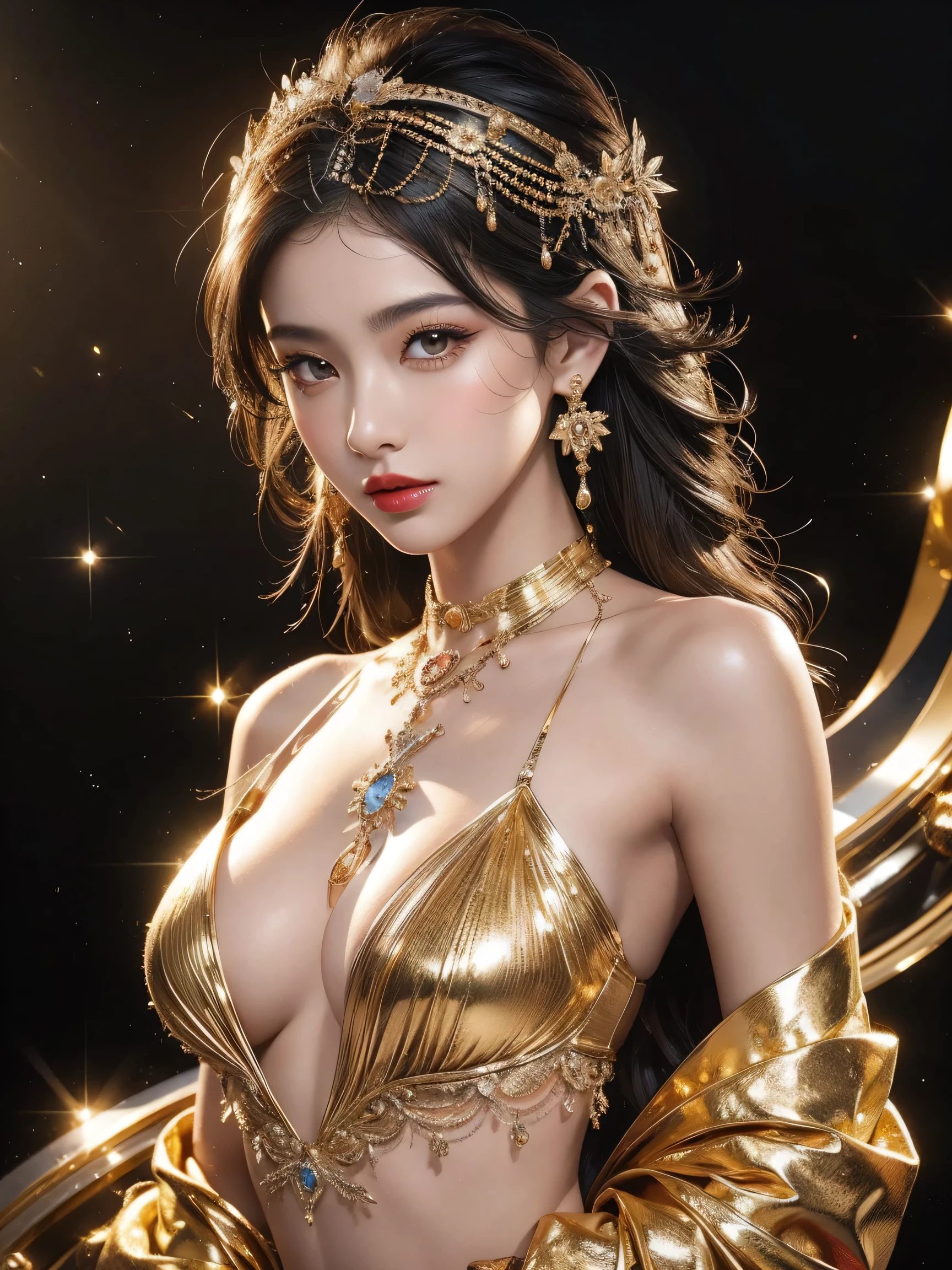 High-quality work,Realistic works,Super premium graphics,8K HD CG works,high quality graphics,High-definition and exquisite CG works,10x pixels,Ultra-fine details:1.1,Advanced technical details:1.1Realistic photo effects,Interior lighting effects:1.5,natural soft light:1.5. Light effect(Virtual light effects:1.8),ultra high resolution,shining dress,sliver long hair,silber hair,transparenthair,high detailed hair(Quality hair details:1.1)Clear eyes,Double eyelids look good,Sharp eye makeup, Create exquisite eyelash makeup, tthin eyebrows, Ultra-detailed eyes,a tall nose, lovely red lips, rosey cheeks, With delicate makeup on her face , pretty face, The face shape is perfectly proportioned,(Advanced facial details:1.1)8K, UHD, Masterpiece, extreme quality, 1 girl, good face, detailed eyes, very long hair, detailed lips, small breasts, detailed empress fantasy dress, golden fantasy dress, ((glowing dress:1.5)), lace, (bare waist:1.5), flowing sardine, beautiful fantasy, fantasy empress, beautiful alluring Realistic art, shining skin, in the balcony, Realistic shadow, depth of field, ray tracing, god rays, bloom, bokeh effect, , Women's artwork,Dress full body video,Realism,Amazing Cleavage,My eyes are very bright today