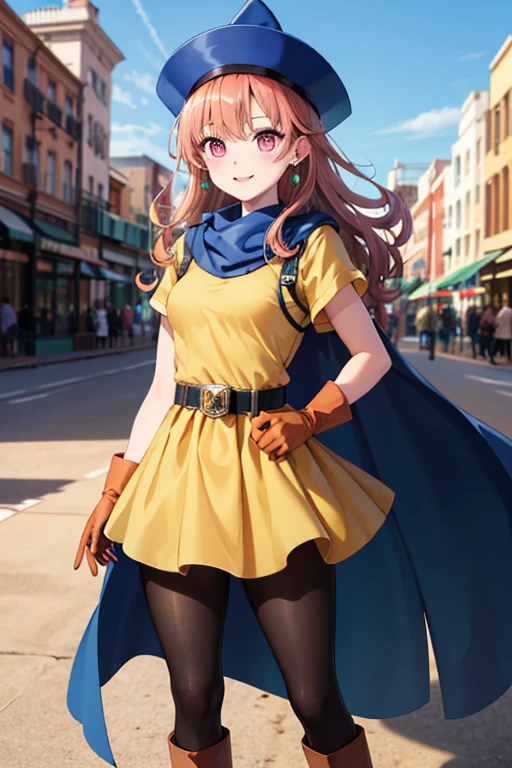 masterpiece,Best Quality, Kampala,Super detailed,Arena,Have,Long Hair, curly hair ,Pink Eyes, earrings with cups,Cape,Yellow Dress,Short sleeve,Gloves,belt,skirt, black pantyhose,boots,  outdoor , standing ,smile, cowboy shot,