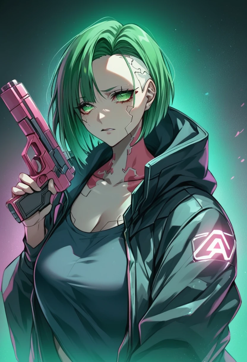 a woman with green eyes and a black jacket holding a gun, anime cyberpunk art, cyberpunk anime girl, best anime 4k konachan wallpaper, cyberpunk anime girl mech, female cyberpunk anime girl, cyberpunk anime art, anime style 4 k, digital cyberpunk anime art, cyberpunk anime girl in hoodie, anime wallpaper 4k, anime wallpaper 4 k, anime cyberpunk