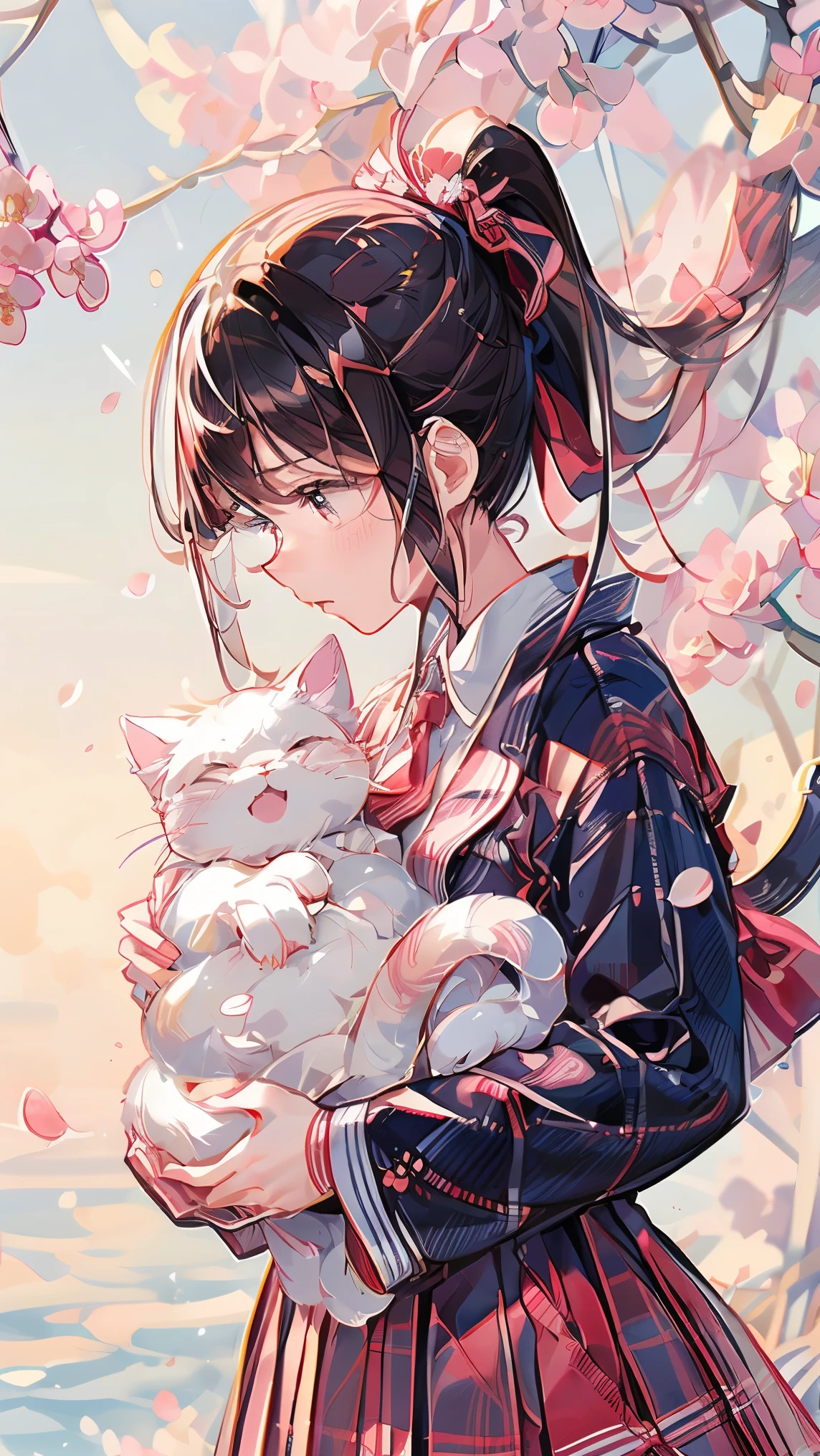 (((Best quality, 8k, Masterpiece: 1.3)), ((best quality)), ((masterpiece)), (detailed), perfect face, A Japanese high school girl gently cradles a small cat in her arms, standing outdoors under soft sunlight. She is wearing a traditional Japanese school uniform with a navy blue blazer, white blouse, and pleated skirt, complete with a red ribbon tie. Her expression is warm and caring as she looks down at the cat, a tabby with bright eyes nestled comfortably in her embrace. Around her are cherry blossom trees in full bloom, with pink petals softly falling. The scene is calm and heartwarming, capturing a peaceful moment of companionship between the girl and her cat. black hair, ponytail