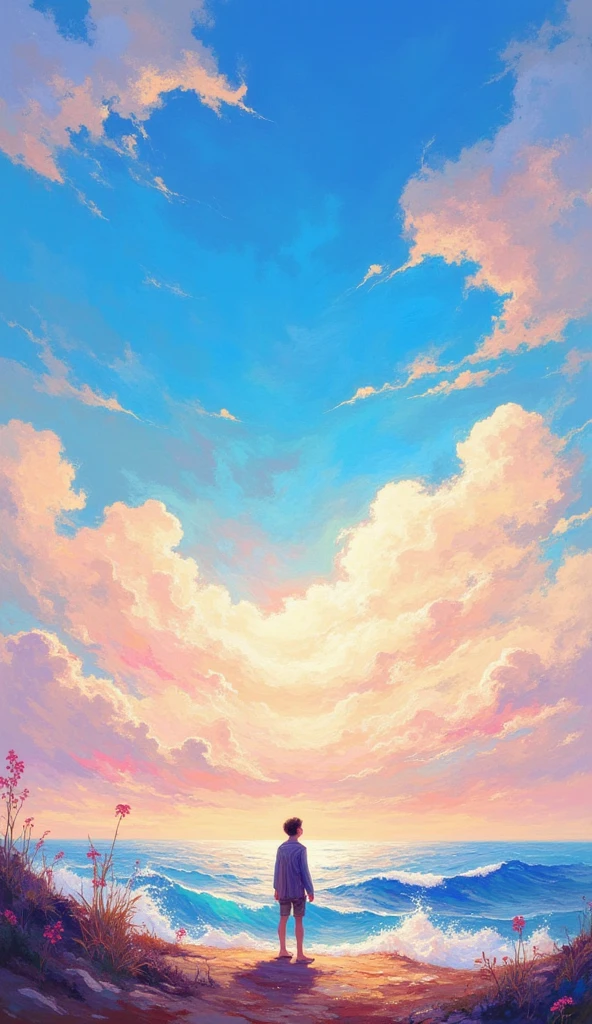 DB4RZ style painting,gradient colorful background, vast airy sky with soft pastel clouds and twinkling wave, sunlit atmosphere, dreamy and ethereal,a lone figure look at sky