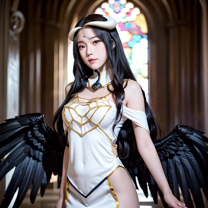 Albedo, One of the main characters in the anime and light novel series "monarch," She is an attractive and charming presence in the Catacombs of Nazarick. As an Overseer of the Hierarchical Guardians, She serves as a loyal and devoted guardian of the throne, She is deeply devoted to her Creator, Ainz Ooal Gown, The Supreme Being. Her figure is the epitome of perfection, An enchanting blend of beauty and grace. Hall々aura of sophistication, Albedo commands attention with her regal and dignified demeanor. Her physical features have been designed to perfection, She is a fascinating figure in the world of Yggdrasil.  }Her jet-black hair cascades down her back like a silk waterfall, Albedo exudes an air of enigmatic allure. Her hair has been carefully styled, She is adorned with a delicate silver crown placed on her forehead, It symbolizes her high status as an Overseer. Albedo's entrancing crimson eyes hold a mesmerizing gaze that seems to pierce into the very depths of one's soul. They are filled with unwavering loyalty and devotion to Ainz Ooal Gown, Reflecting her devotion as one of the Supreme Being's most trusted followers. Her face is a perfect symphony, Her sharp and elegant features exude both grace and dignity. Slender, Her forehead is adorned with demonic pointed horns, Showing off her inhuman origins as a succubus, Creatures of seduction and attraction. She wears a beautiful white dress with intricate golden embroidery, Albedo's attire is a testament to her status as the Guardian of the Throne. The dress radiates a Hegre , It accentuates her seductive curves、It further enhances her enigmatic charm. A white cape flows behind her, It adds an air of mysticism to her presence. Around her neck, Albedo wears a choker with a red jewel, symbolizing her absolute loyalty and love for Ainz Ooal Gown. Her long, Her ring is adorned with delicate golden rings, It displays her grace and meticulous attention to detail.