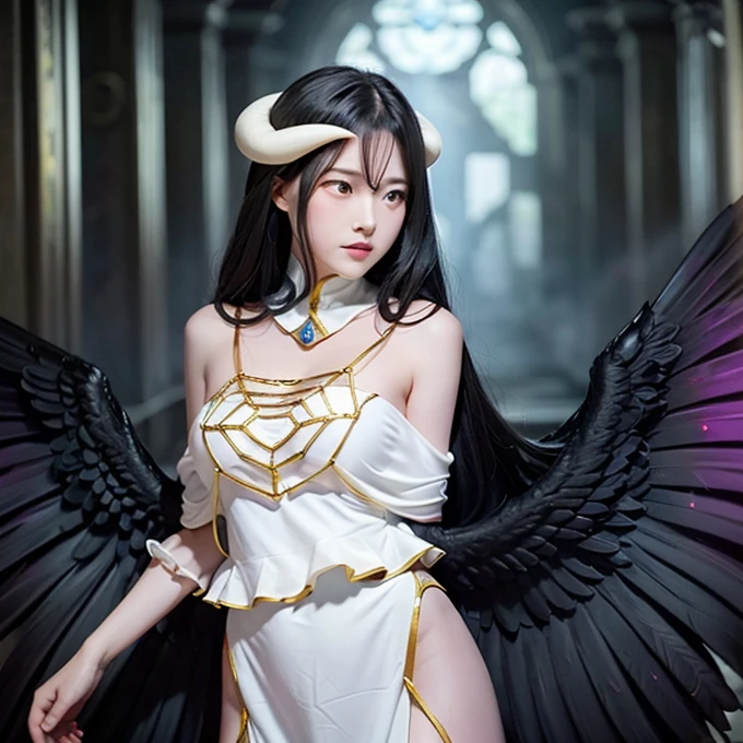 Albedo, One of the main characters in the anime and light novel series "monarch," She is an attractive and charming presence in the Catacombs of Nazarick. As an Overseer of the Hierarchical Guardians, She serves as a loyal and devoted guardian of the throne, She is deeply devoted to her Creator, Ainz Ooal Gown, The Supreme Being. Her figure is the epitome of perfection, An enchanting blend of beauty and grace. Hall々aura of sophistication, Albedo commands attention with her regal and dignified demeanor. Her physical features have been designed to perfection, She is a fascinating figure in the world of Yggdrasil.  }Her jet-black hair cascades down her back like a silk waterfall, Albedo exudes an air of enigmatic allure. Her hair has been carefully styled, She is adorned with a delicate silver crown placed on her forehead, It symbolizes her high status as an Overseer. Albedo's entrancing crimson eyes hold a mesmerizing gaze that seems to pierce into the very depths of one's soul. They are filled with unwavering loyalty and devotion to Ainz Ooal Gown, Reflecting her devotion as one of the Supreme Being's most trusted followers. Her face is a perfect symphony, Her sharp and elegant features exude both grace and dignity. Slender, Her forehead is adorned with demonic pointed horns, Showing off her inhuman origins as a succubus, Creatures of seduction and attraction. She wears a beautiful white dress with intricate golden embroidery, Albedo's attire is a testament to her status as the Guardian of the Throne. The dress radiates a Hegre , It accentuates her seductive curves、It further enhances her enigmatic charm. A white cape flows behind her, It adds an air of mysticism to her presence. Around her neck, Albedo wears a choker with a red jewel, symbolizing her absolute loyalty and love for Ainz Ooal Gown. Her long, Her ring is adorned with delicate golden rings, It displays her grace and meticulous attention to detail.